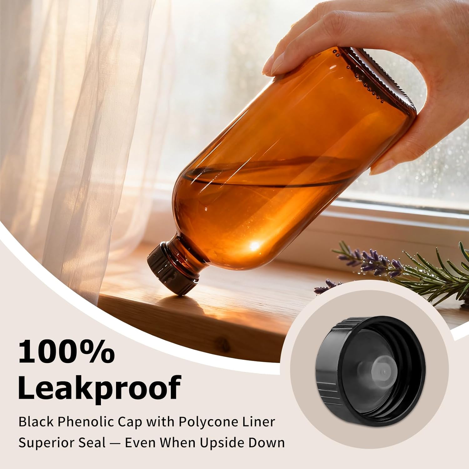 15 Pack 16 oz Amber Glass Boston Round Bottles with Phenolic Polycone Caps – Airtight, Leak-Proof Brown Bottles for Kombucha Brewing, Storing Condiments, Essential Oils, and Homemade Solutions - Image 3