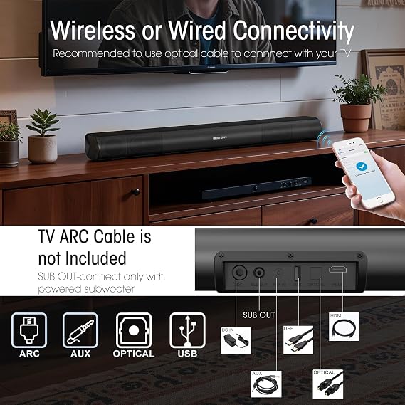 BESTISAN Sound Bar with Enhanced BassDual Larger Woofer & Dual Bass Ports, Sound Bar for Smart TV, 22-inch Soundbar with Bluetooth5.3/TV-ARC/Optical/AUX Input