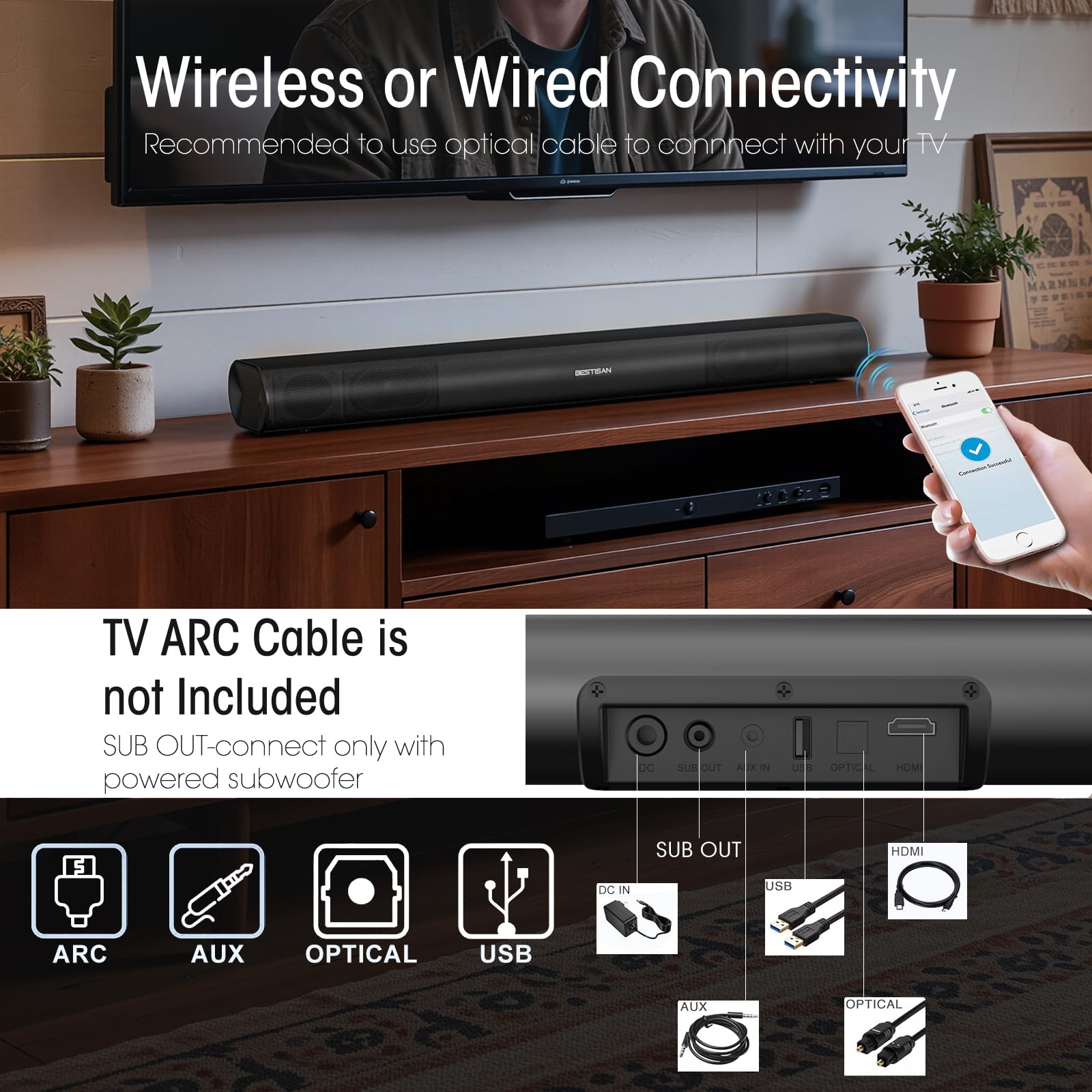 BESTISAN - Barra de sonido con base ondulada con Bluetooth para TV, mesa, sistema de altavoces de audio digital/cine en casa, juegos, proyectores, con control remoto, HDMI-ARC, AUX, óptico, USB