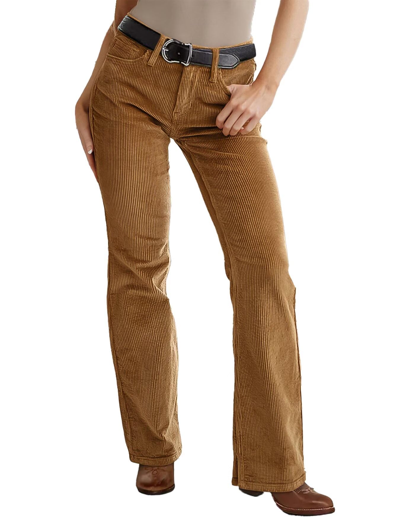 Flamingals Flare Mid Rise Solid Corduroy Pants for Women Without Belt