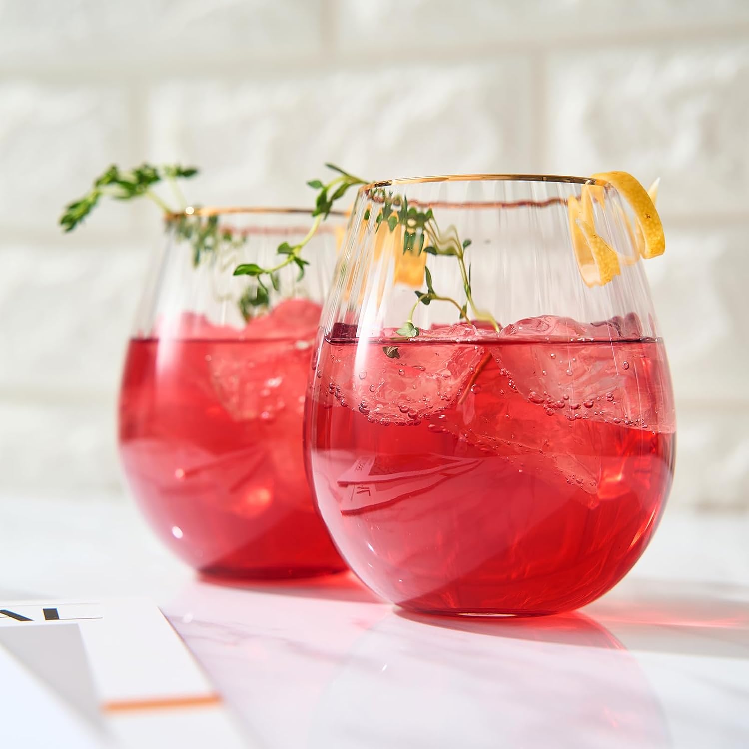 Khen Blush Red Large Wine Glassware | Set of 2 | Gold Rim Waterfall Balloon Shaped Glasses, Ripple Vibrant Ombre Color For Cocktails & Wine, Stemmed Vintage Gold Crystal Glass (14 OZ) - Image 4