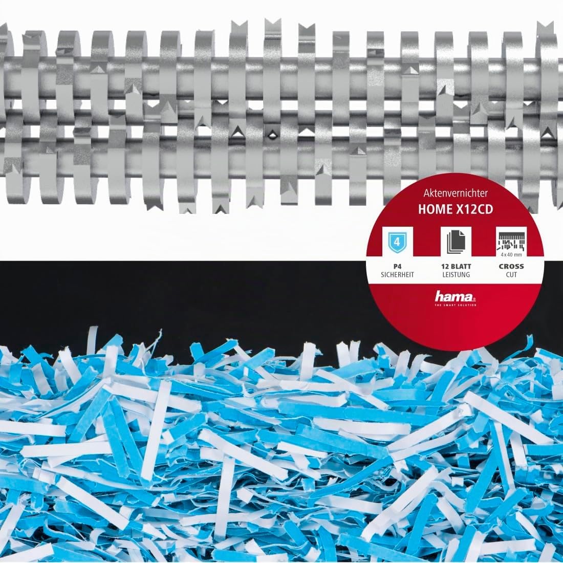 Hama |Trituradora de Papel Nivel de Seguridad E3, P4,T4 (Home X12CD, Destructora Papel, 36,2x19,5x45,2 cm, Nivel Ruido: 72 db, Velocidad Corte: 2 m/min, CDs, DVDs, Blue-Ray, Papel. Tarjetas) Negro
