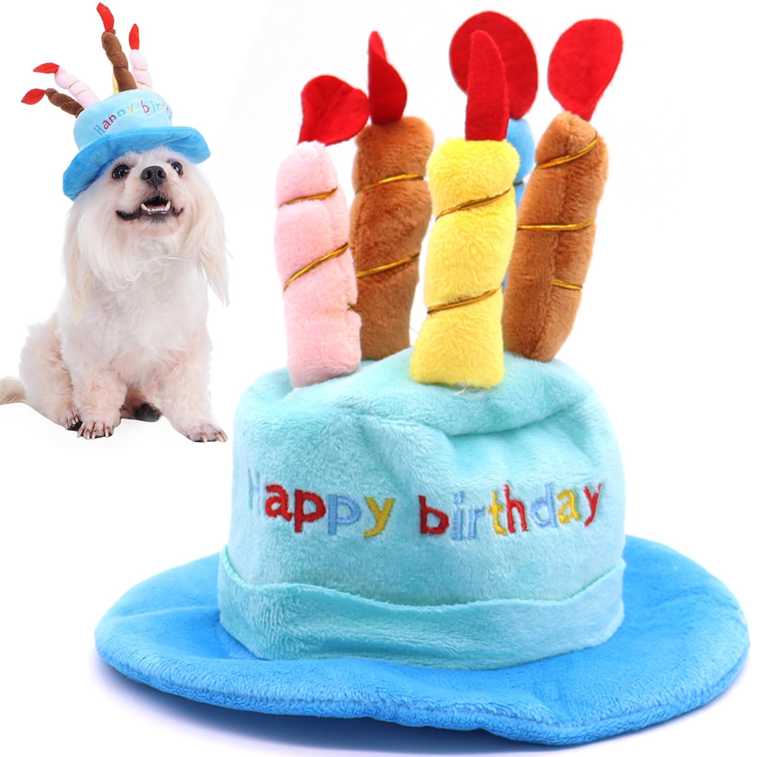 Dog Birthday Hat with Candles, Dog Party Hat, Birthday Hats for Dogs & Cats, Soft Plush Puppies Kittens Costume Accessories with Happy Birthday(Blue)