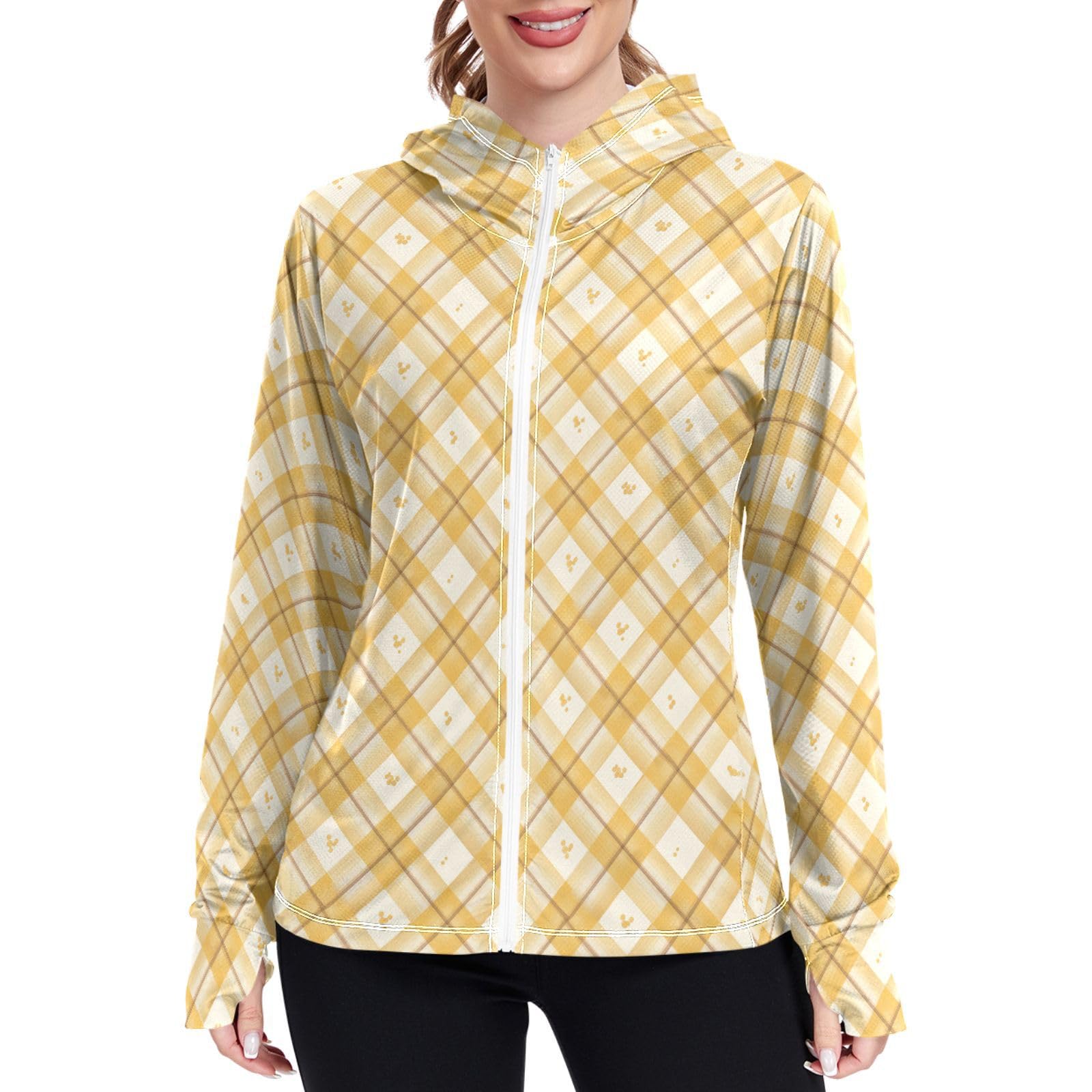 Women Sun Protection Hoodie Jacket Gingham Lightweight Womens Zip Up Jackets UPF 50+ Honey Gold