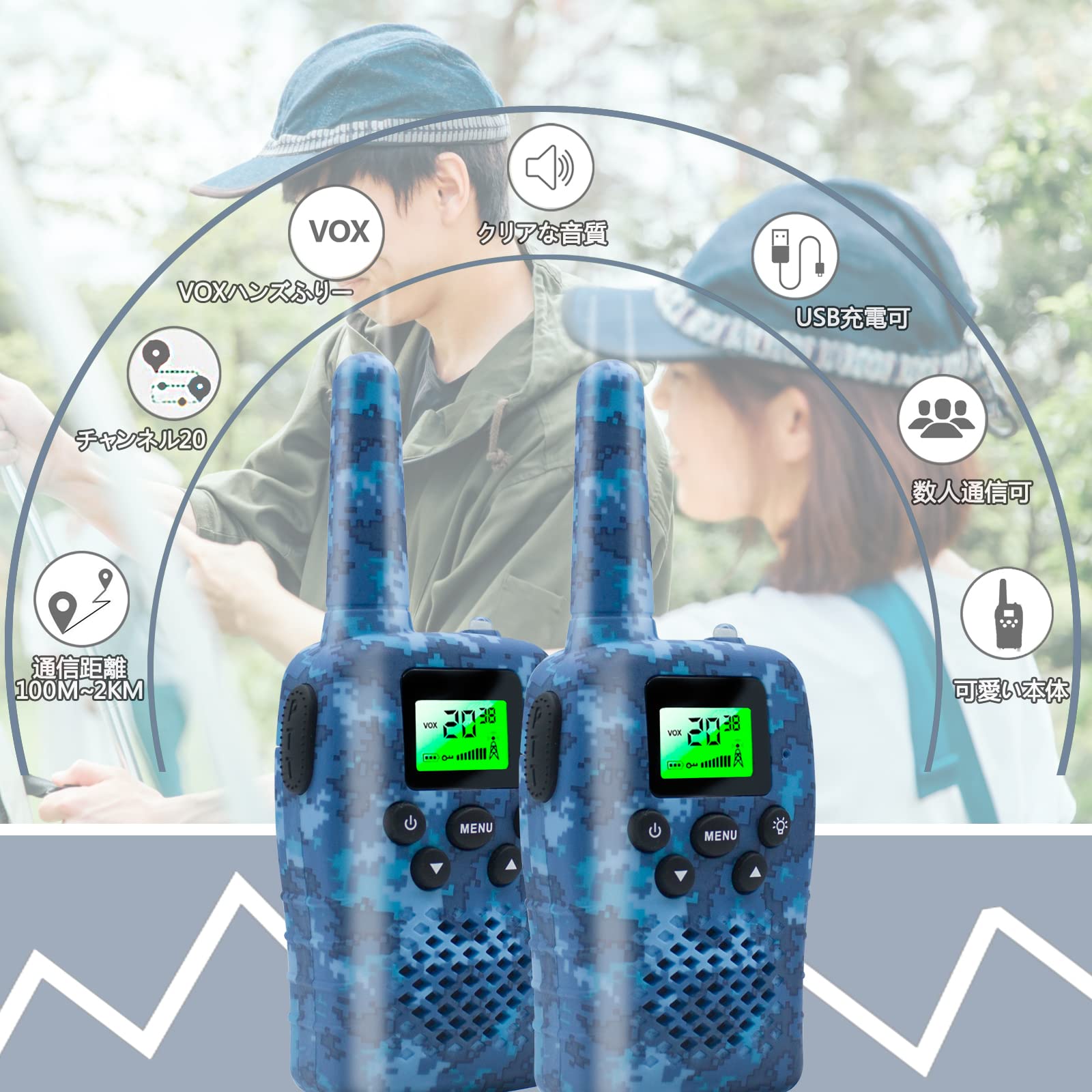 トランシーバー 2台セット USBケーブル充電 t18 トランシーバー wesTayin 隔離用 トランシーバー こども向け 免許不要 特定小電力トランシーバー VOXハンズフリー トランシーバー 総務省技術基準適合商品 青迷彩 2台セット - 5