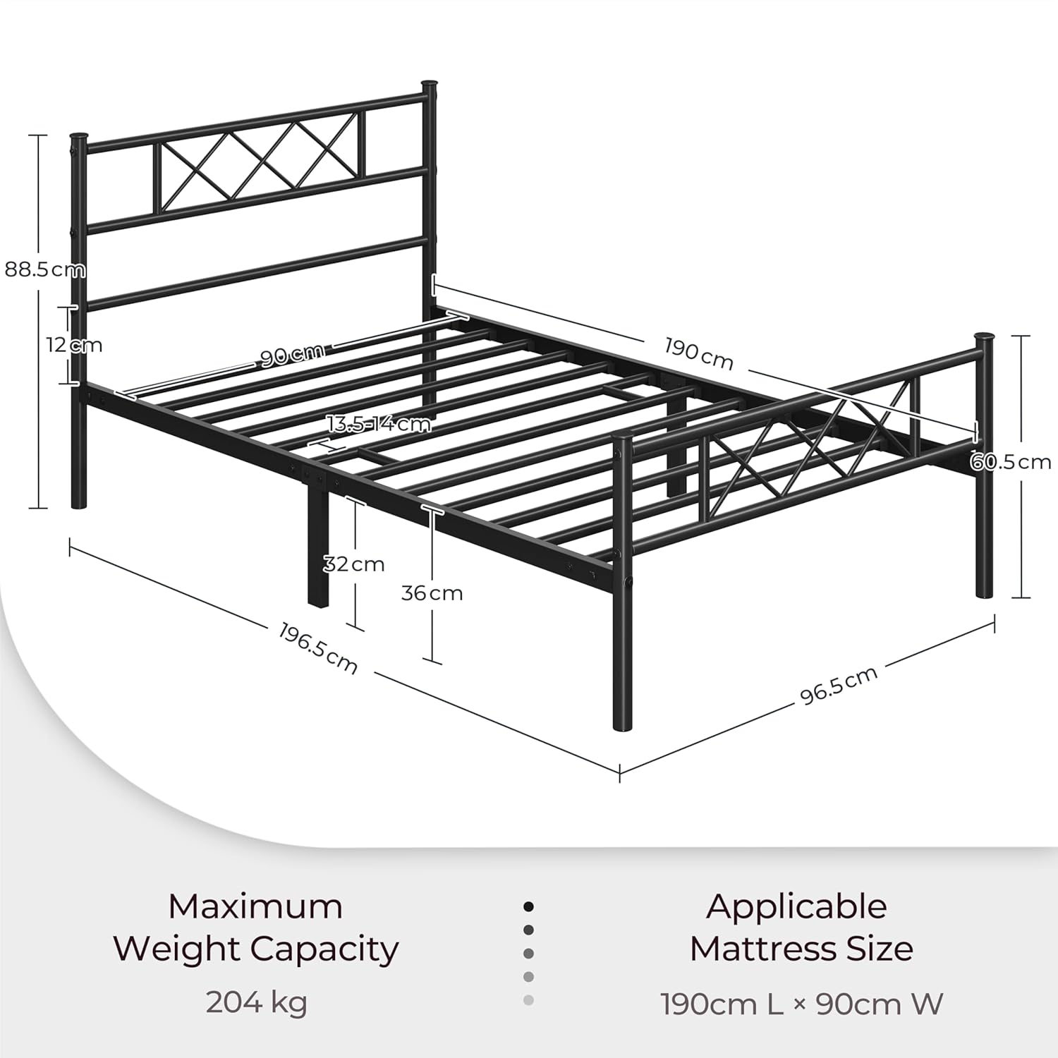 Technical drawing of the Yaheetech metal bed frame with detailed dimensions including length, width, height, and under-bed clearance.
