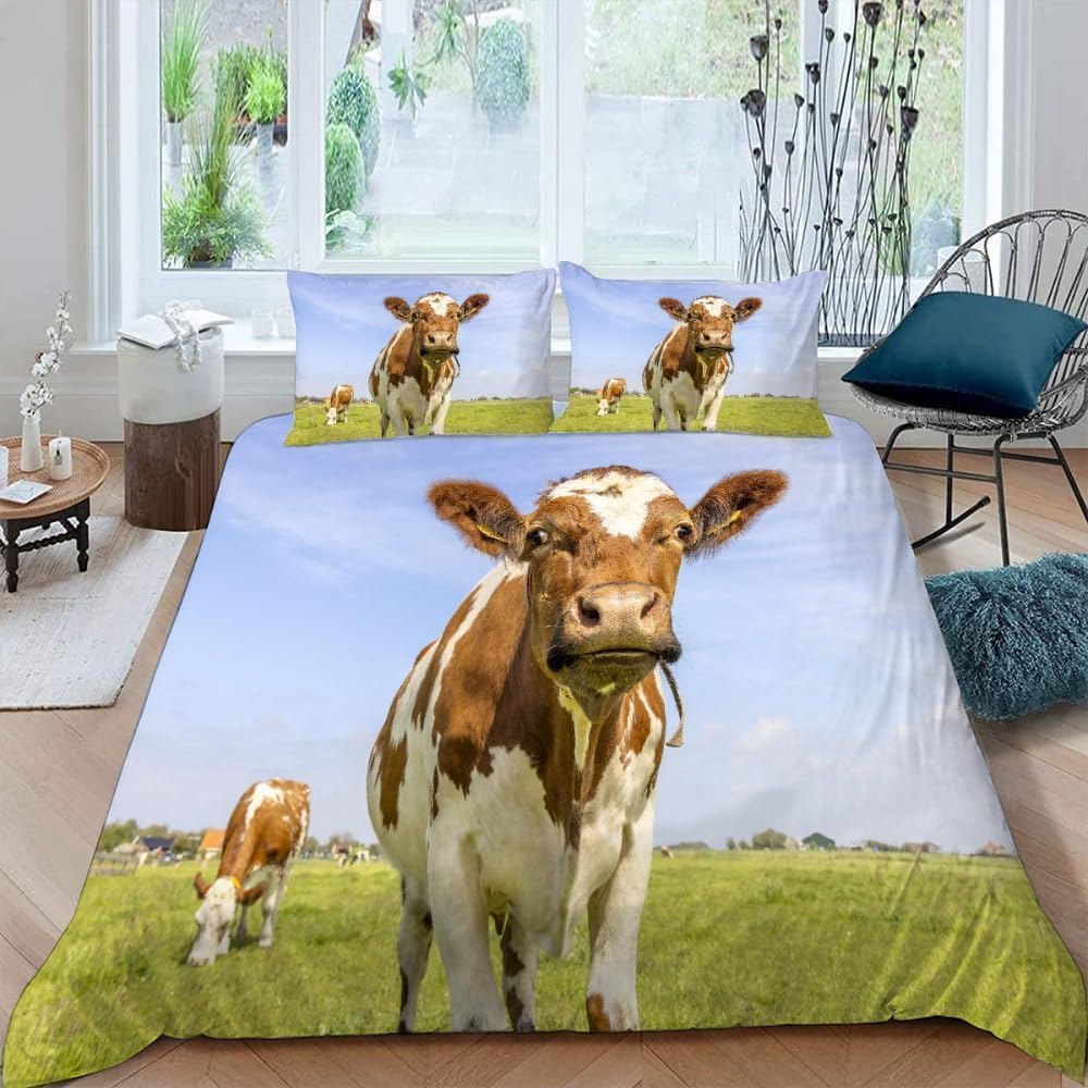 Poszwa na kołdrę 180 Krowa Poszwa na kołdrę Edredon 260x240 Zwierzęta gospodarskie 3D Poszewki na kołdrę Miękka mikrofibra Pościel 3-częściowa z zamkiem błyskawicznym i 2 poszewkami na poduszki I-2639