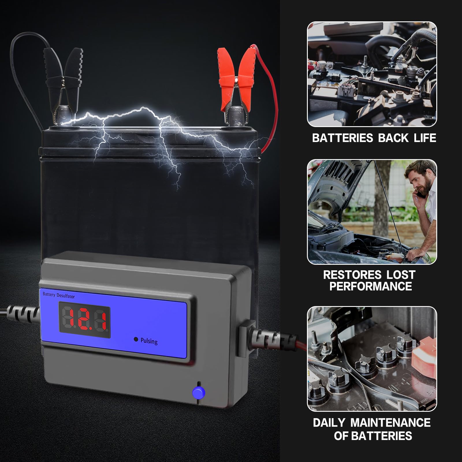 Désulfateur Automatique de Batterie pour Batteries Plomb-Gel AGM SLA, 200AH, 12-48V (Blue)