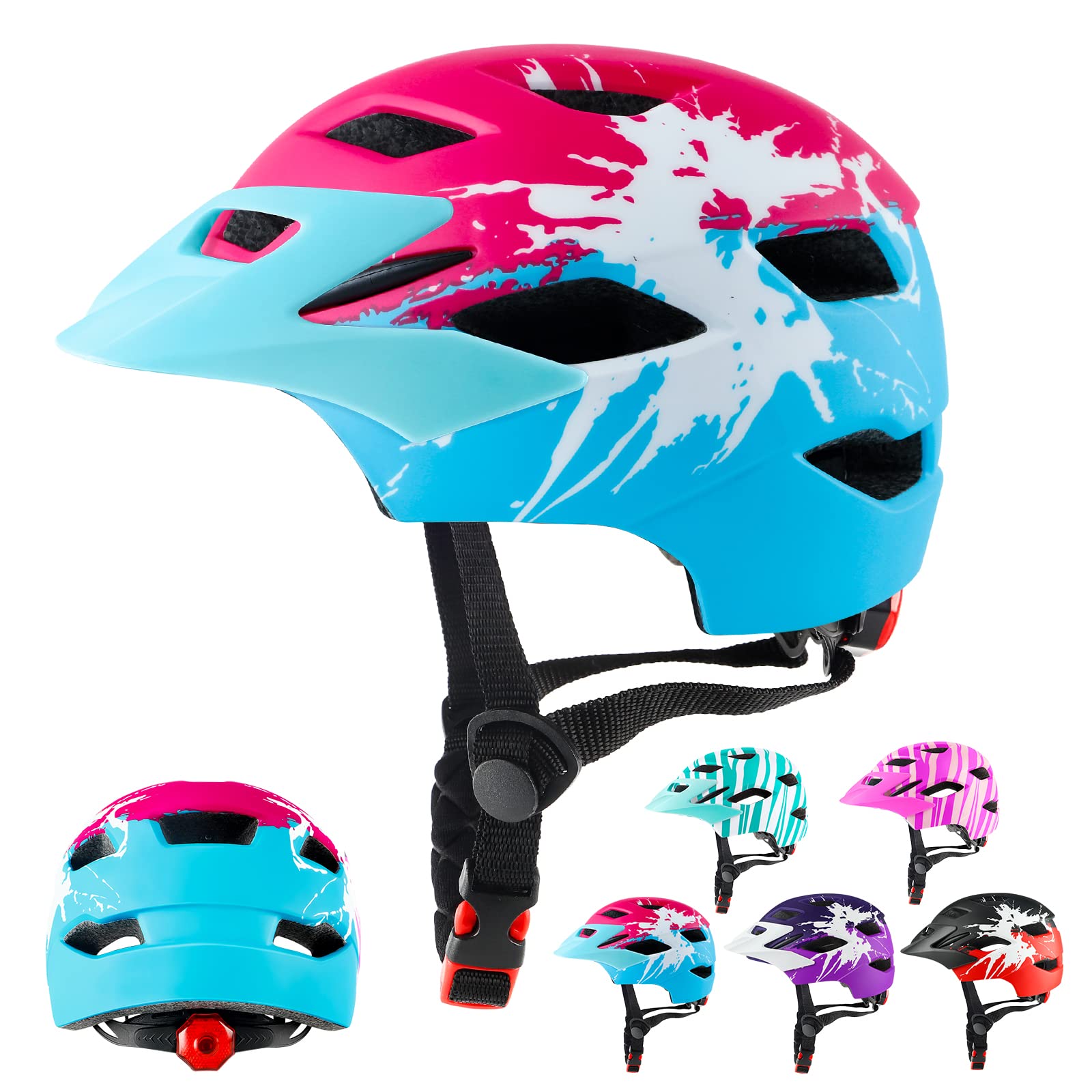 RaMokey Fahrradhelm Kinder, Fahrradhelm mit Licht für Kinder Leichter Kinderhelm mit Verstellbares Zifferblatt für Mädchen und Jungs 50-56CM (ab 5-14Jahre)