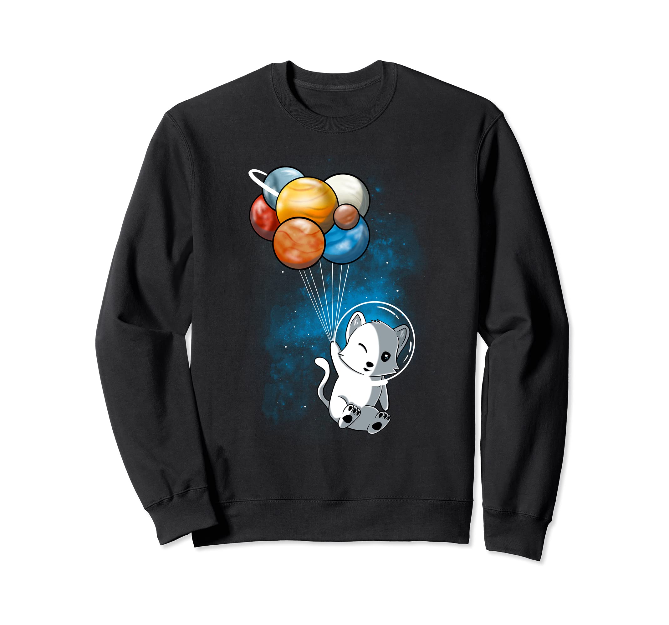 Funny Outer Space Cat Balloon Planets Space Travel Universe Sweatshirt, Black