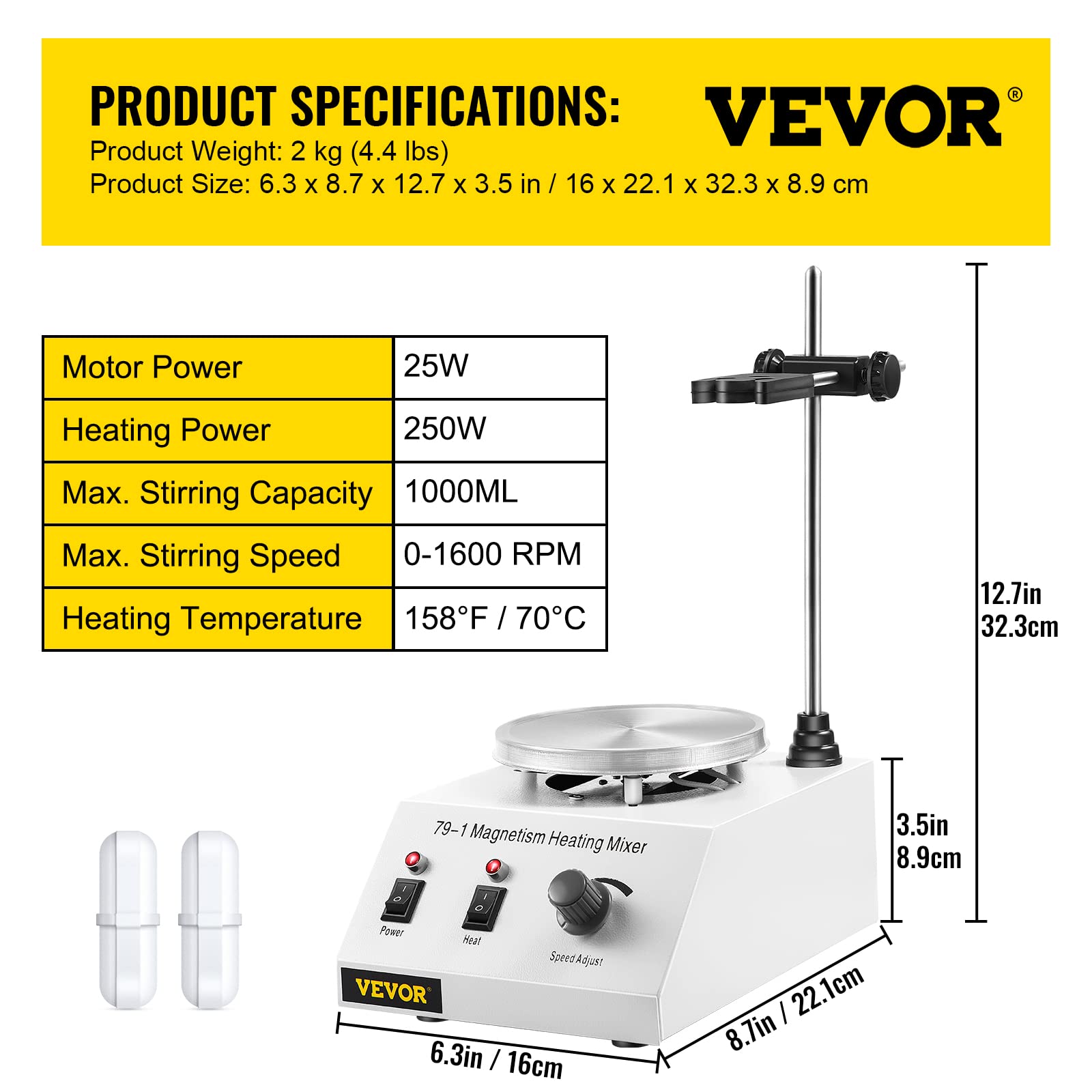 VEVOR Magnetrührer Heizplatte, 250 W 70℃ Heizung Heizplatte mit Magnetrührer 0-1600 RPM einstellbar 1 L Labor Magnetrührer Mixer mit Standfuß, Rührstab Laborgeräte