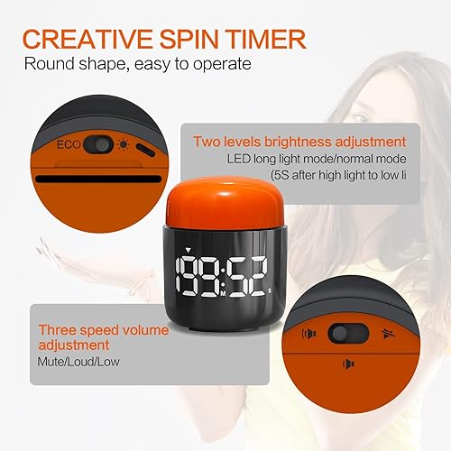 Miniatura 5 de Temporizador de giro de mesa, cronómetro con pantalla LED grande, alarma silenciosa y fuerte, cuenta regresiva de 199 minutos y más, luz nocturna