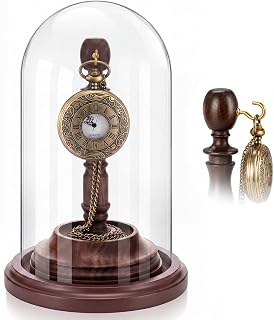 Beeveer 4''x7'' Pocket Watch Display Case with Glass Dome, Walnut Stand