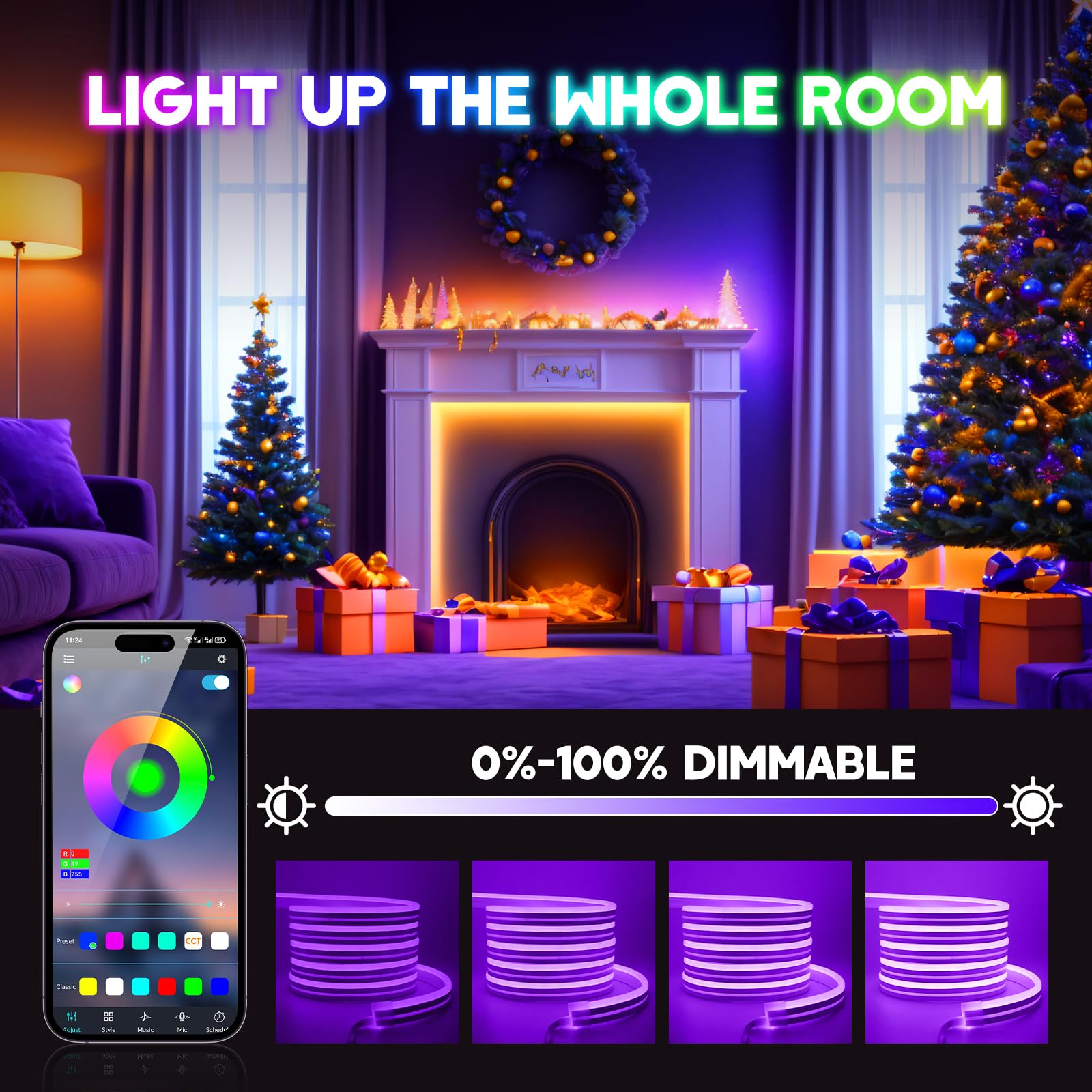 24V Neon LED Strip, 3535 60 LEDs/m RGB IP65 Waterproof Flexible Neon RGB LED Strip With 44 key Bluetooth music controller for Home, Indoor, Outdoor Decoration.