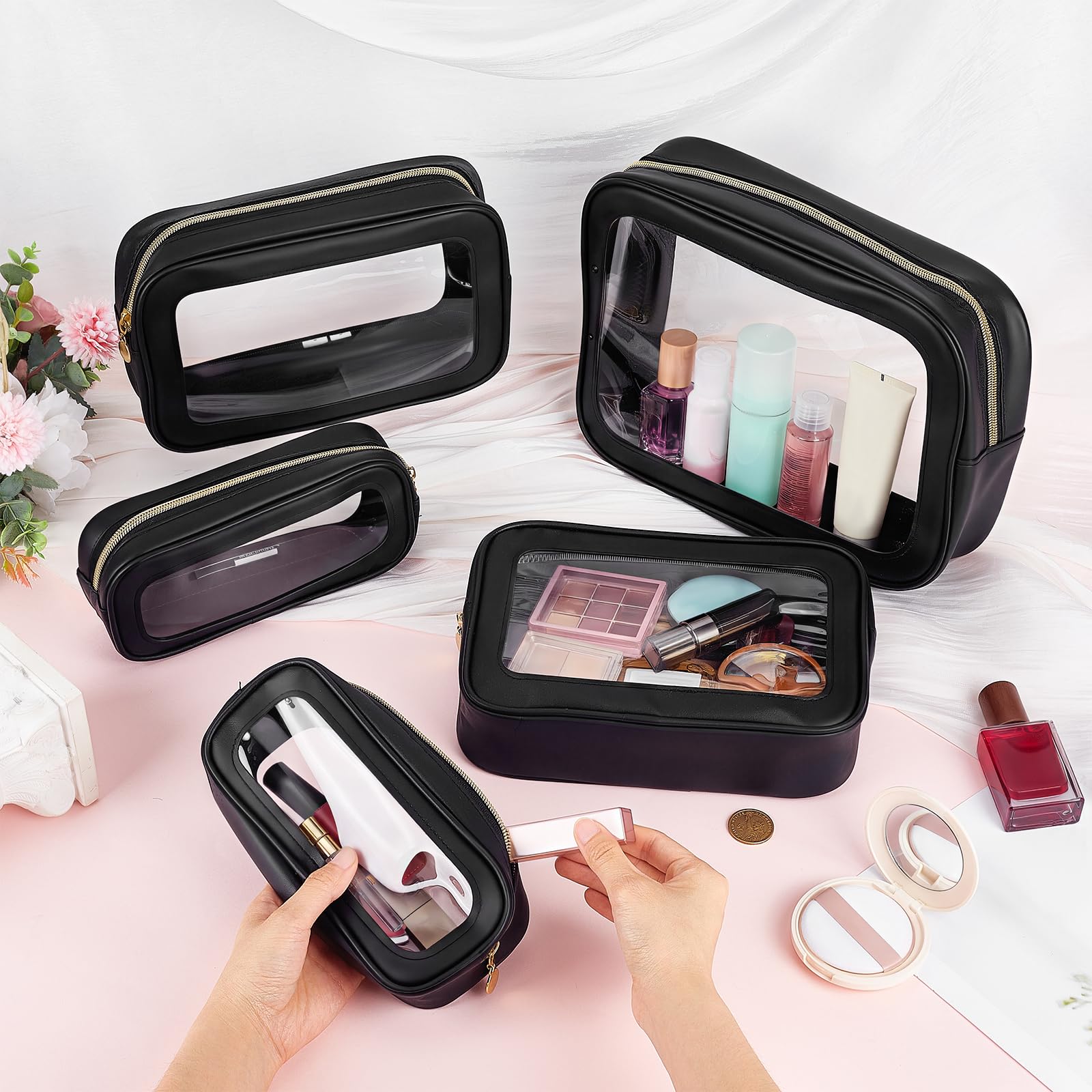 12 Stück Klare Makeup Taschen mit Reißverschluss 3 Größen PVC Toilettentasche wasserdichte Kosmetik Koffer Organizer für Frauen Hochzeit Braut DIY Geschenke Reisen Urlaub Fitness Schwarz