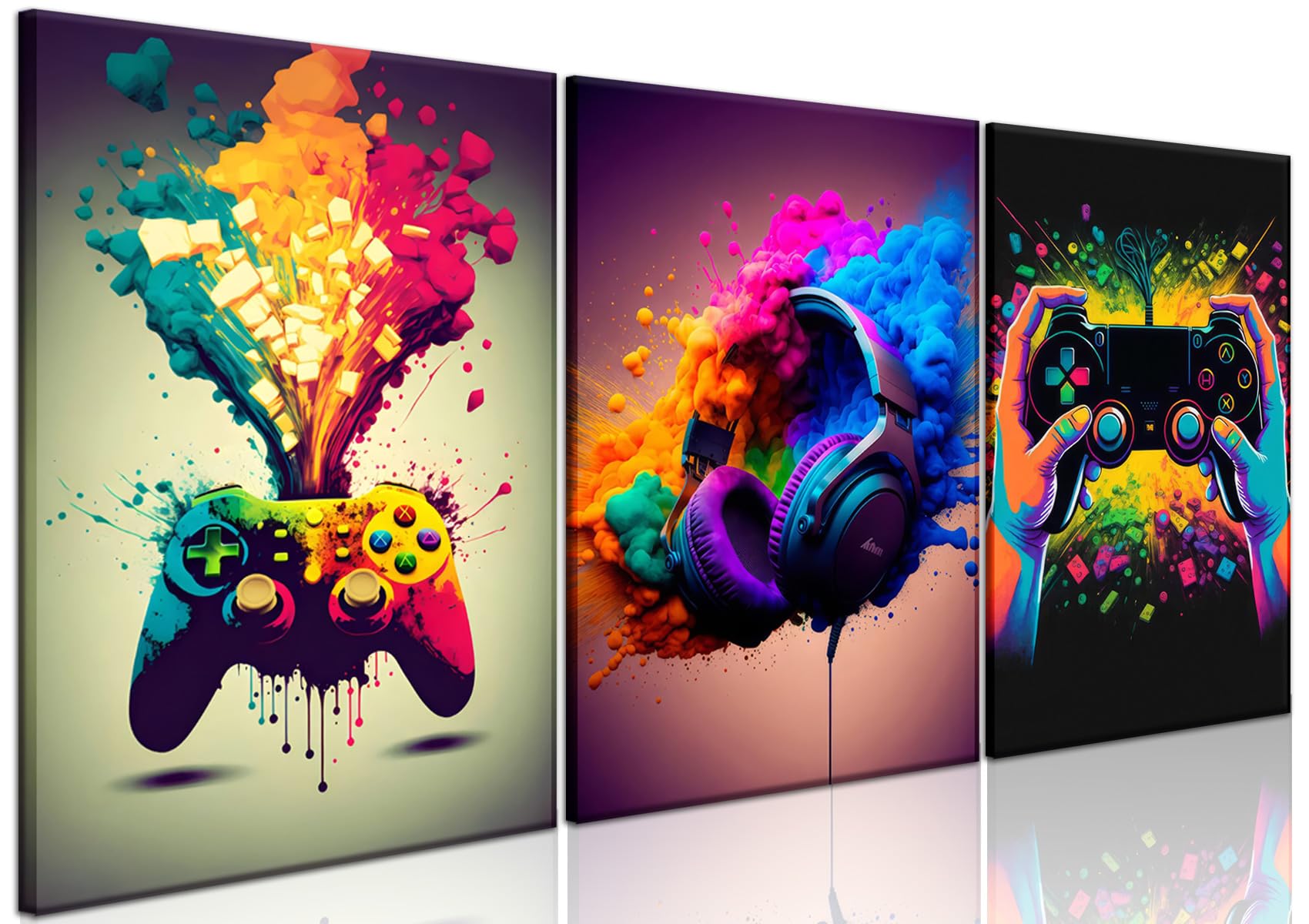 MUWAK Gaming Room Decor Wall Art Set of 3 - Video Controller Canvas Poster for Boys, Kids Game Room Bedroom 16x24 in Framed