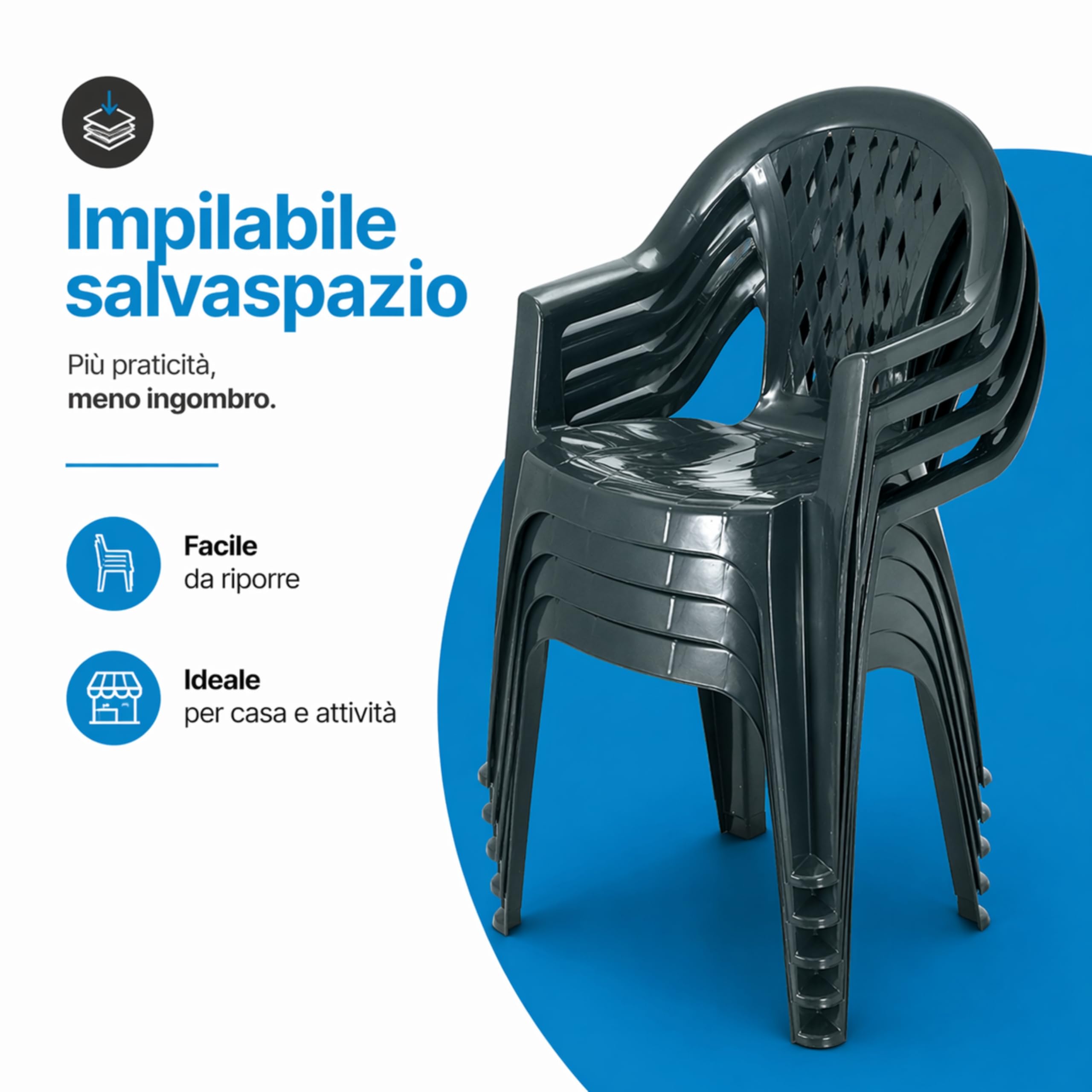 Tomaino - Ensemble de table et chaises d'extérieur en plastique de 6 places – 6 chaises avec accoudoirs empilables et 1 table rectangulaire de jardin, terrasse (anthracite)