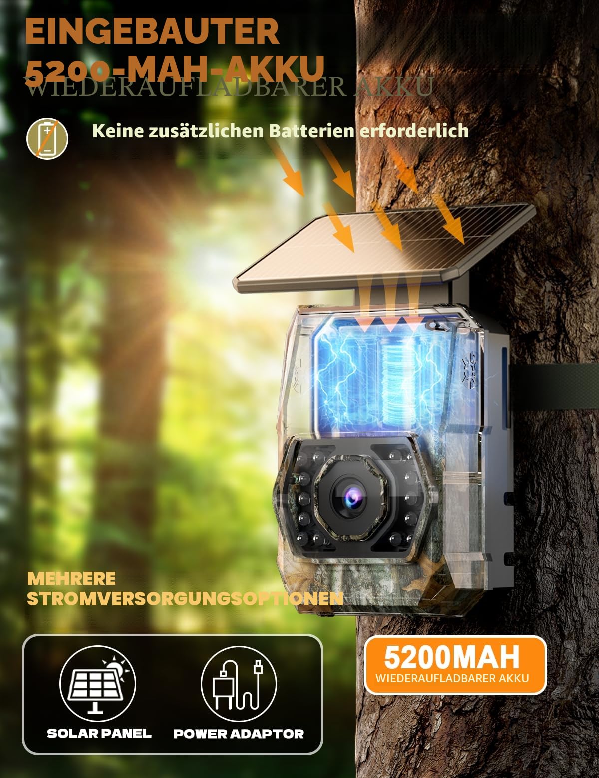 Wildkamera mit Handyübertragung App, 4K 60MP HD Solar WLAN Wildkamera, 5200mAH Akku, Wildtierkamera mit Bewegungsmelder Nachtsicht, 850 nm LED, 0,1s Auslösezeit mit 32GB Speicherkarte,IP66 Wasserdicht