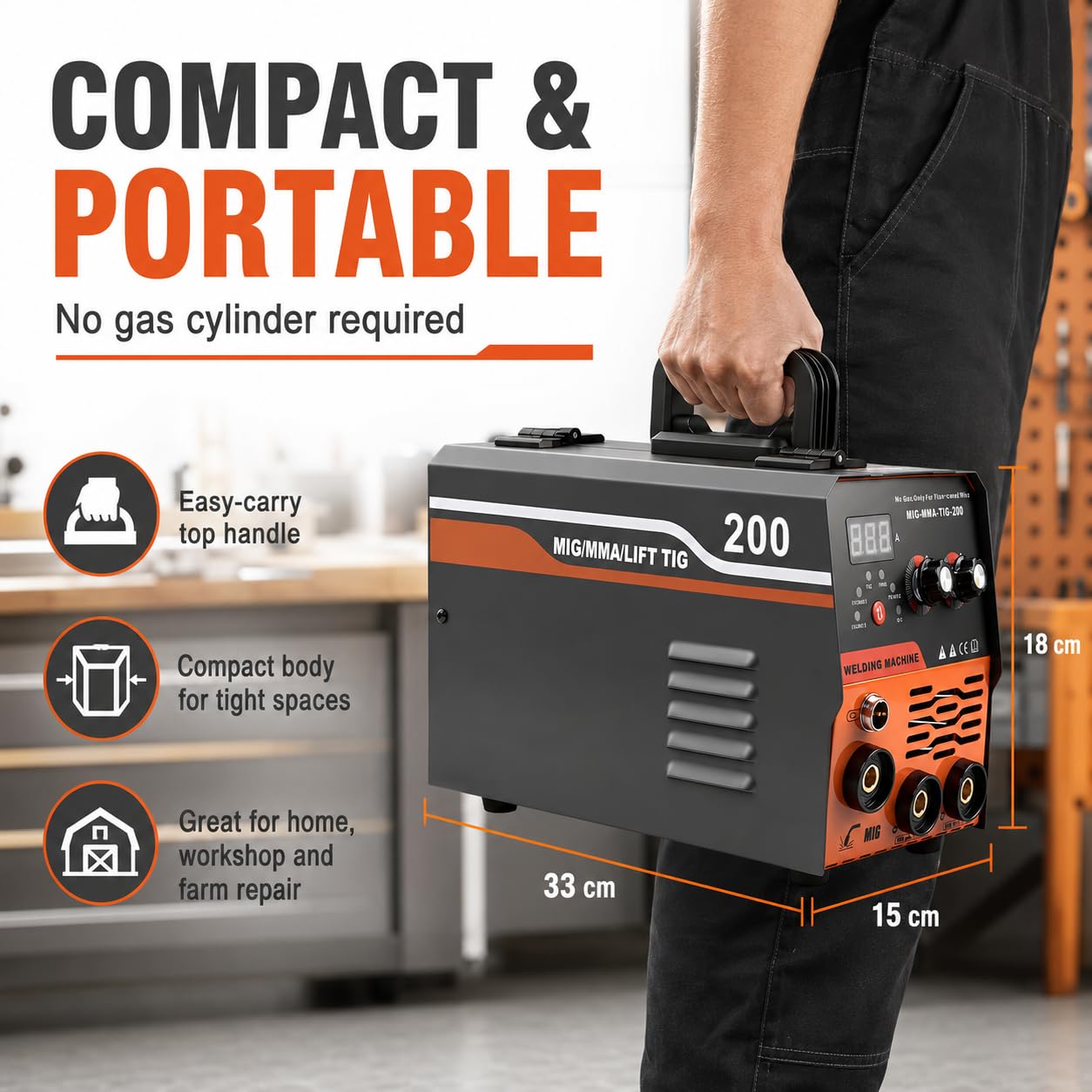 VOBOR Spawarka bezgazowa 200 A, 220 V, spawarka elektrodowa synergiczna 3 w 1 MIG/ARC/Lift TIG IGBT inwerter spawacz z drutem 1,0 mm pręt, pistolet spawalniczy MIG