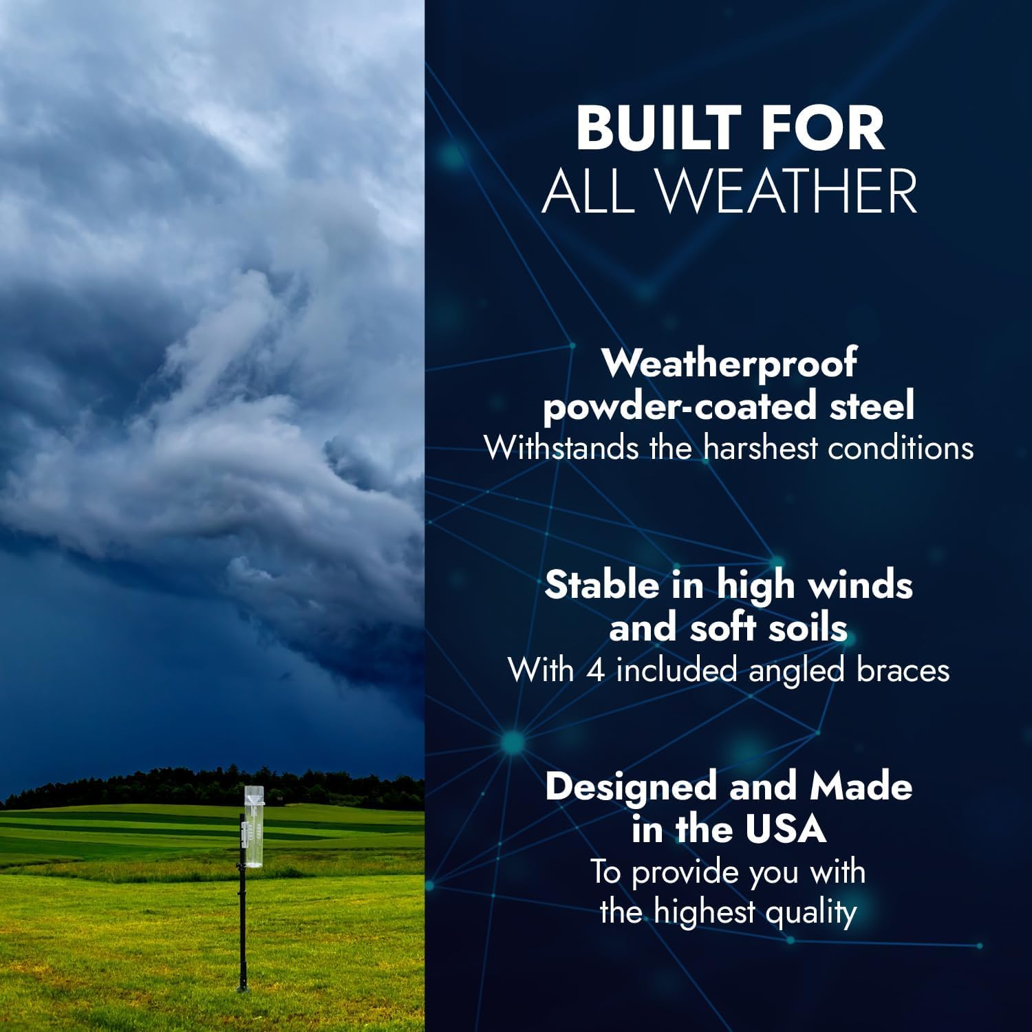 Universal Pole Mount with Guy-Wires - Compatible with Tropo Rain Gauge & Other Lightweight Weather Stations - Easy-to-Install, Adjustable & Weatherproof - Powder Coated Steel Mount - Made in The USA