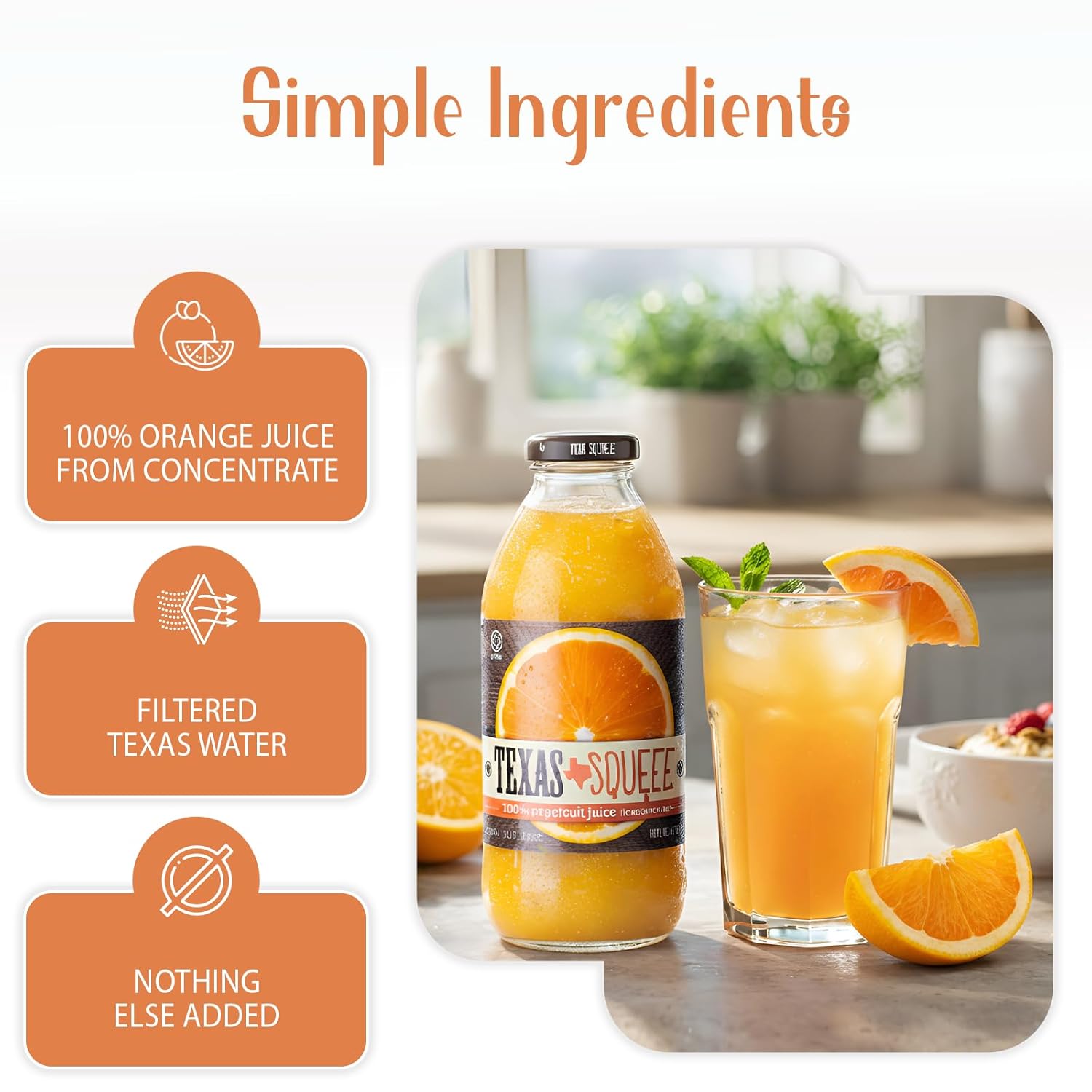 Texas Squeeze Orange Juice, NON GMO Verified, Texas Grown and Bottled, Orange Juice from Concentrate, No Sugar Added, No Preservatives, 16 fl oz, Pack of 12