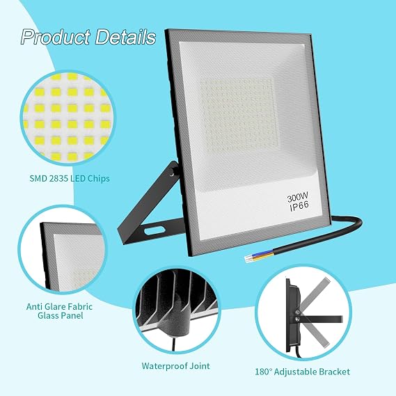 300W LED Floodlight Outdoor,30000LM Anti-Glare Outside Security Lights,6500K Cool White IP66 Waterproof Work Light Spot Lights for Garage,Garden,Courtyard,Sportfield,Corridor,Workshop,Patio [Energy Class E]