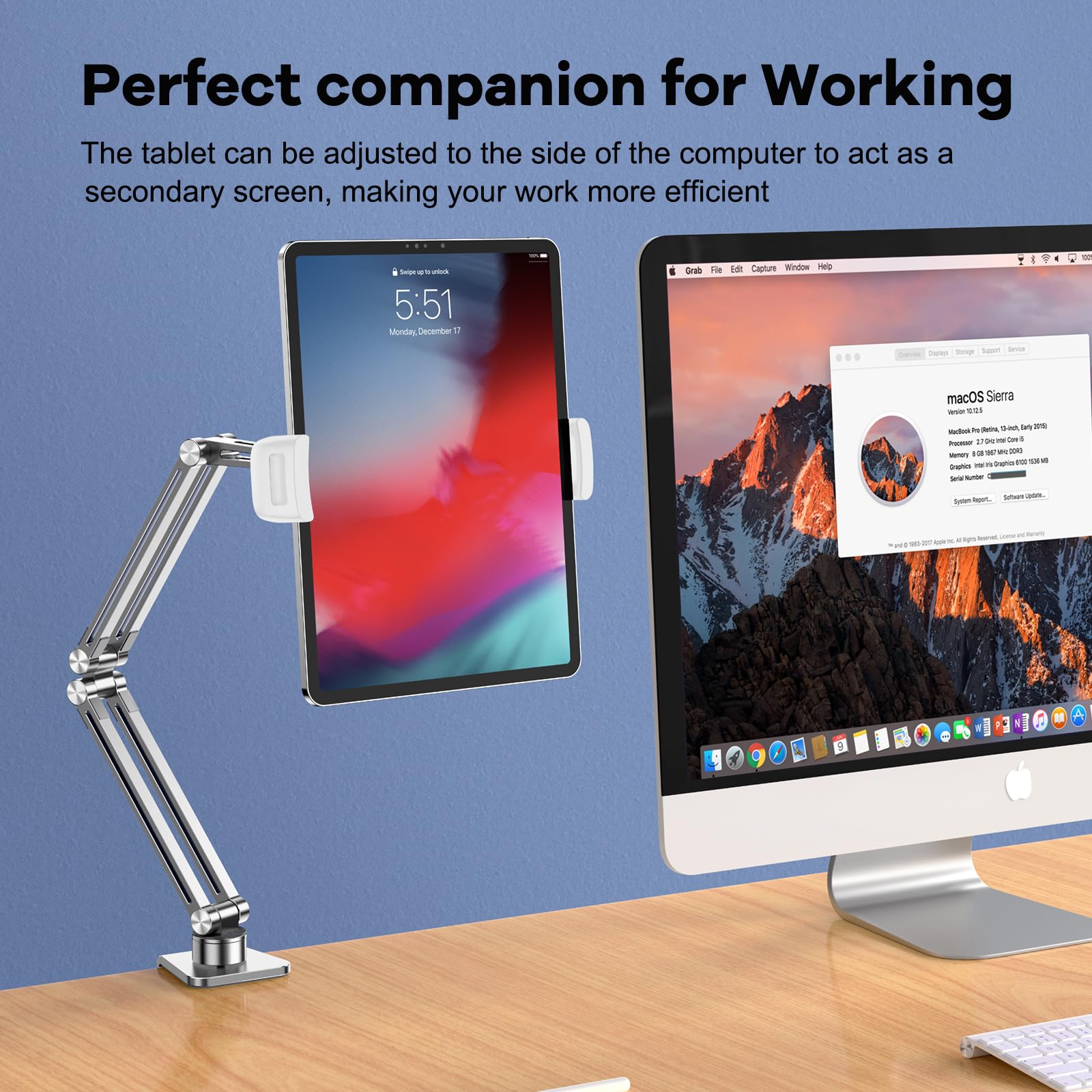 Supporto per tablet da scrivania, supporto regolabile per tablet con supporto a morsetto, supporto in alluminio girevole a 360° per iPad, compatibile con dispositivi da 4 a 12,9 pollici, adatto