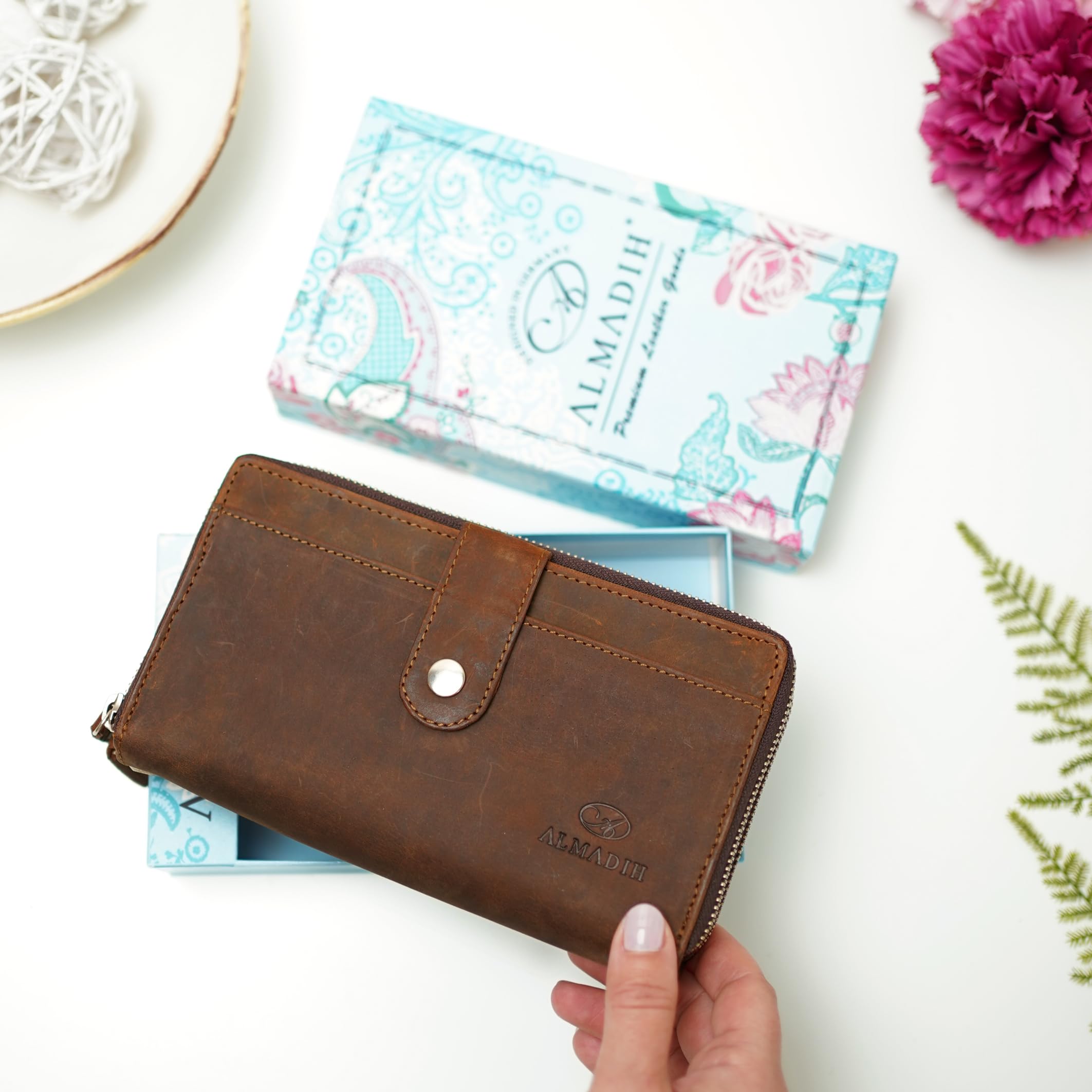 ALMADIH Große Leder Damen Portemonnaie mit Handyfach und Handgelenkschlaufe - Doppelter Reißverschluss, 12 Kartenfächer, RFID Schutz, Münzfach - Geldbeutel Geldbörse Brieftasche braun (Giana Vintage)