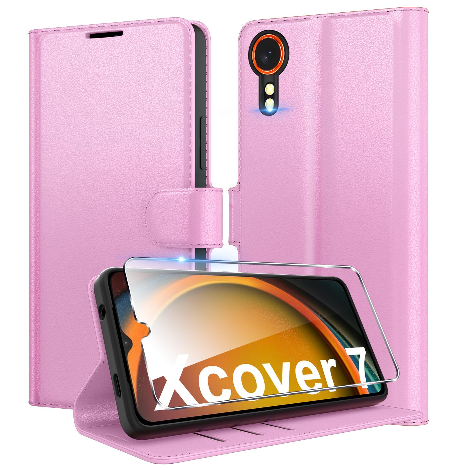 Eirltiy Cover per Samsung Galaxy Xcover 7 Portafoglio Pelle PU Premium, Custodia Scomparti Carte Antiurto Protettiva Case con 1 Vetro Temperato, Rosa