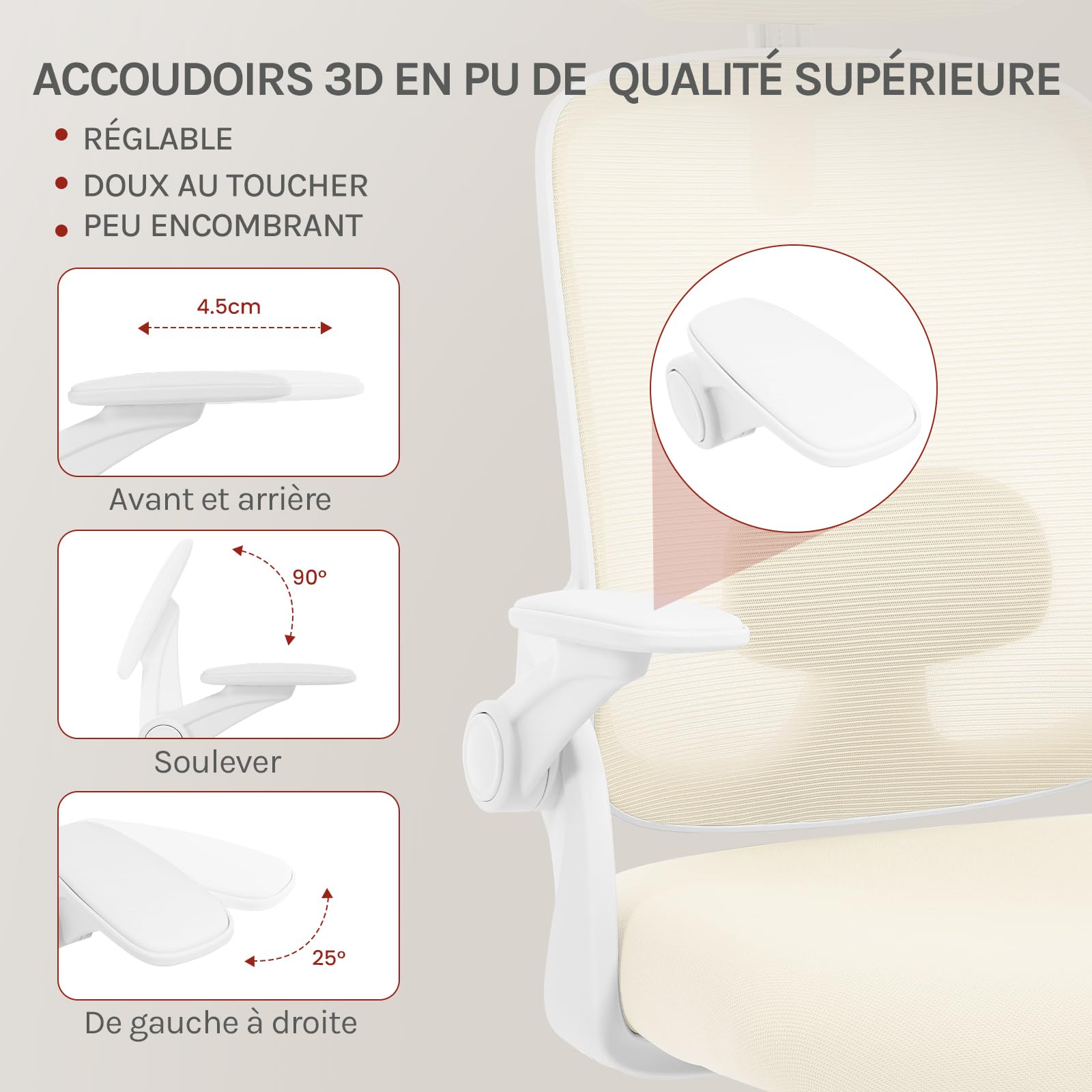 WOLTU Chaise de Bureau Ergonomique, Fauteuil de Bureau en Maille, Beige | Appui-tête et Accoudoirs Réglables, avec Support Lombaire, Dossier Inclinable