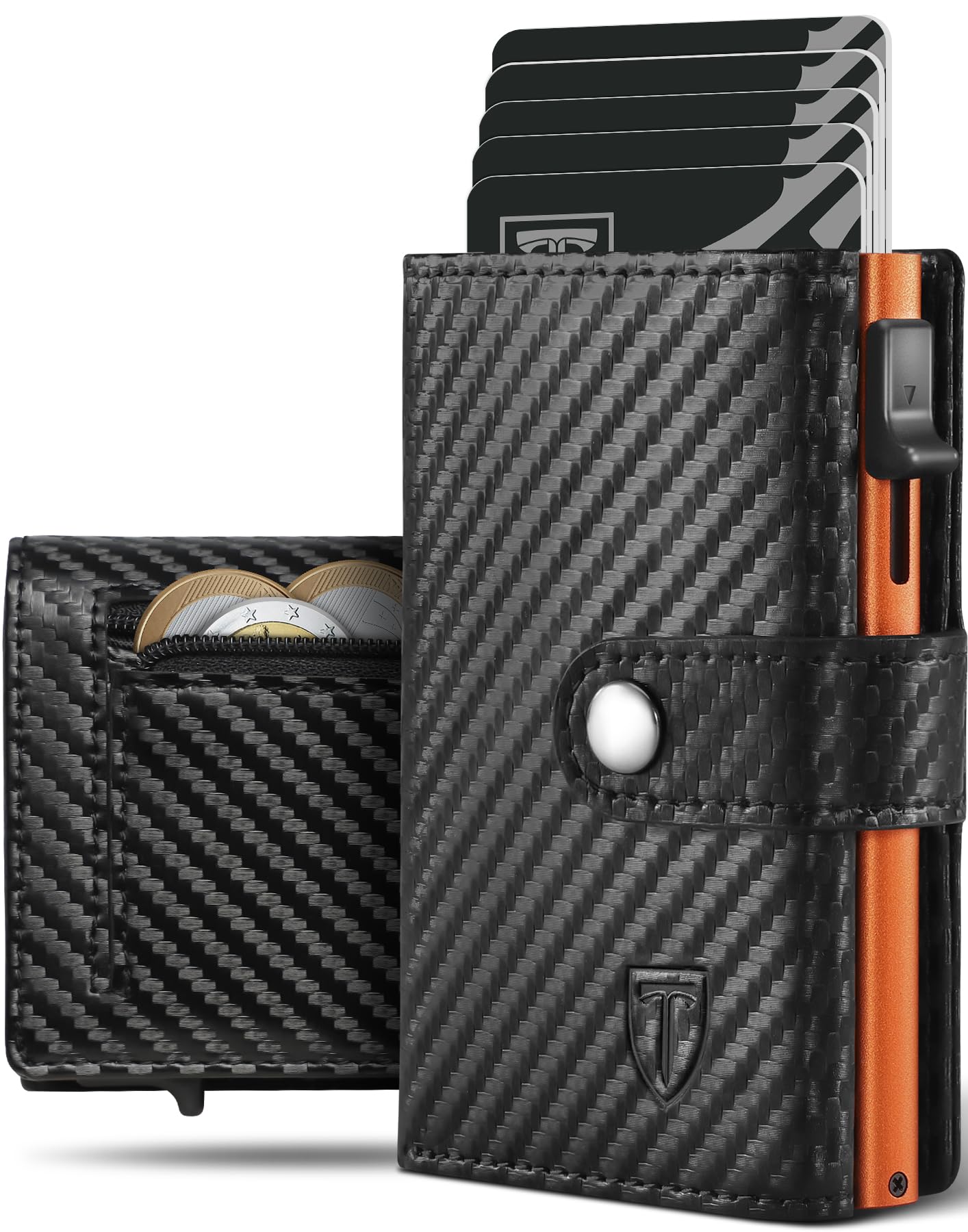 Tomylv Portafoglio Uomo Slim RFID Blocking, Fibra di Carbonio Porta Carte di Credito Uomo - ID Window, Tasca Portamonete con Cerniera, Scomparto per Banconota, Confezione Regalo - Nero Arancione