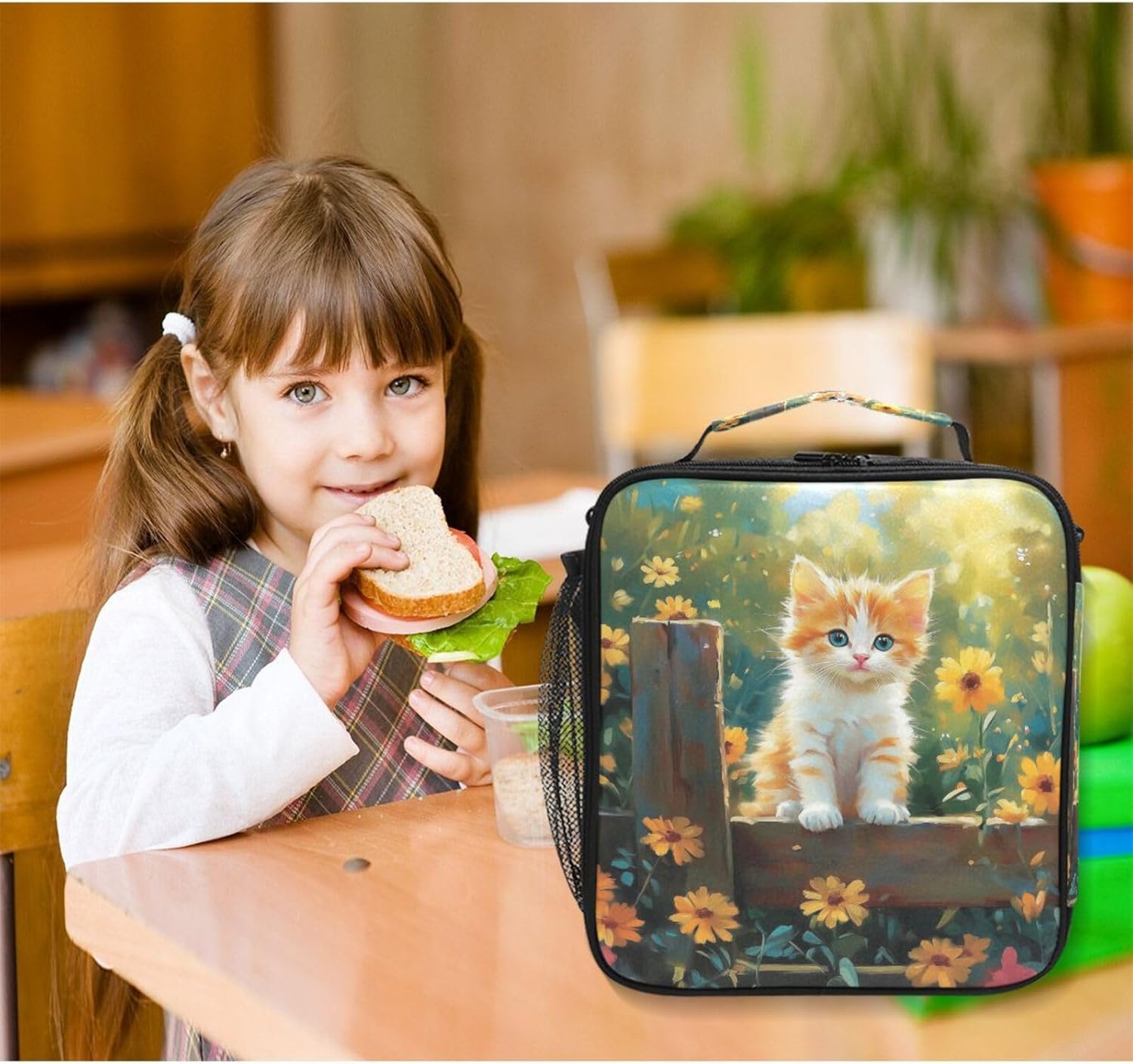 Orange Cat Yellow Pink Flowers Wooden Lunch Box for Girls Boys Insulated Lunch Bag with Adjustable Shoulder Strap Kids Children Thermal Lunchbox Tote Bags Cooler School Office Picnic