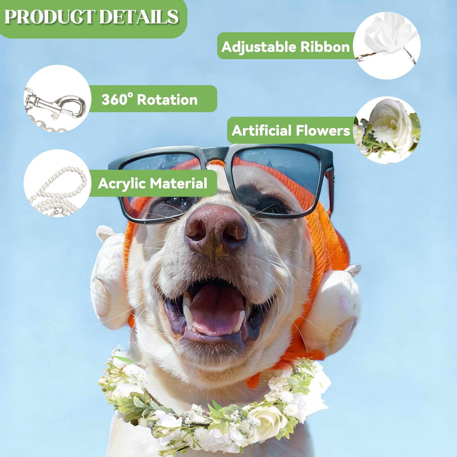 Hundehalsband mit Blumenhalsband mit Perlen, elegantes Hunde-Stirnband, Hochzeitskleidung, Kranz, Schleife, verstellbarer Kranz, Hochzeitsoutfit, Blumenhalsband, Haustier-Foto-Requisite (weiß)