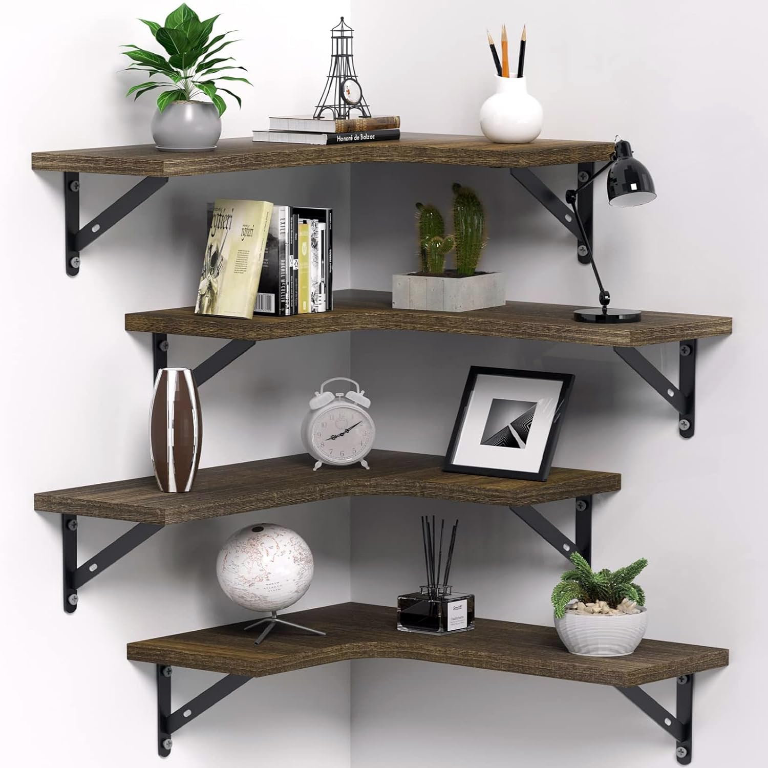HIKKY Corner Floating Shelves Set of 4, Rustic Wall Mounted Wooden Display Shelf, Wood Wall Storage Organizer Shelves for Wall Decor, Bathroom, Kitchen, Bedroom, Living Room, Office (Dark Brown)