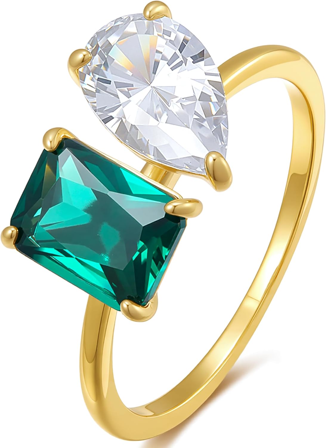 espere Toi et Moi Engagement Ring | 18K Gold Plated Sterling Silver Two Stone Ring | Emerald and Pear CZ Promise Simple Bridal Ring Anniversary