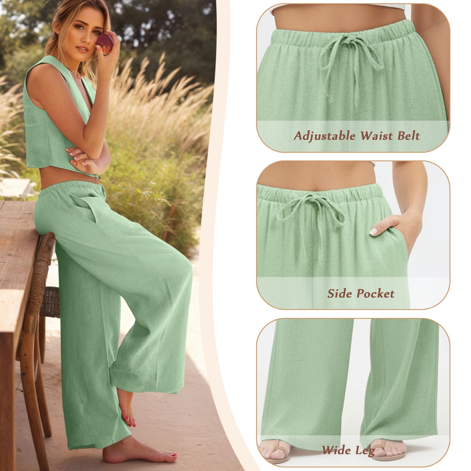 Pantalones Palazzo Mujer Lino Verano Elásticos Anchos con Bolsillos