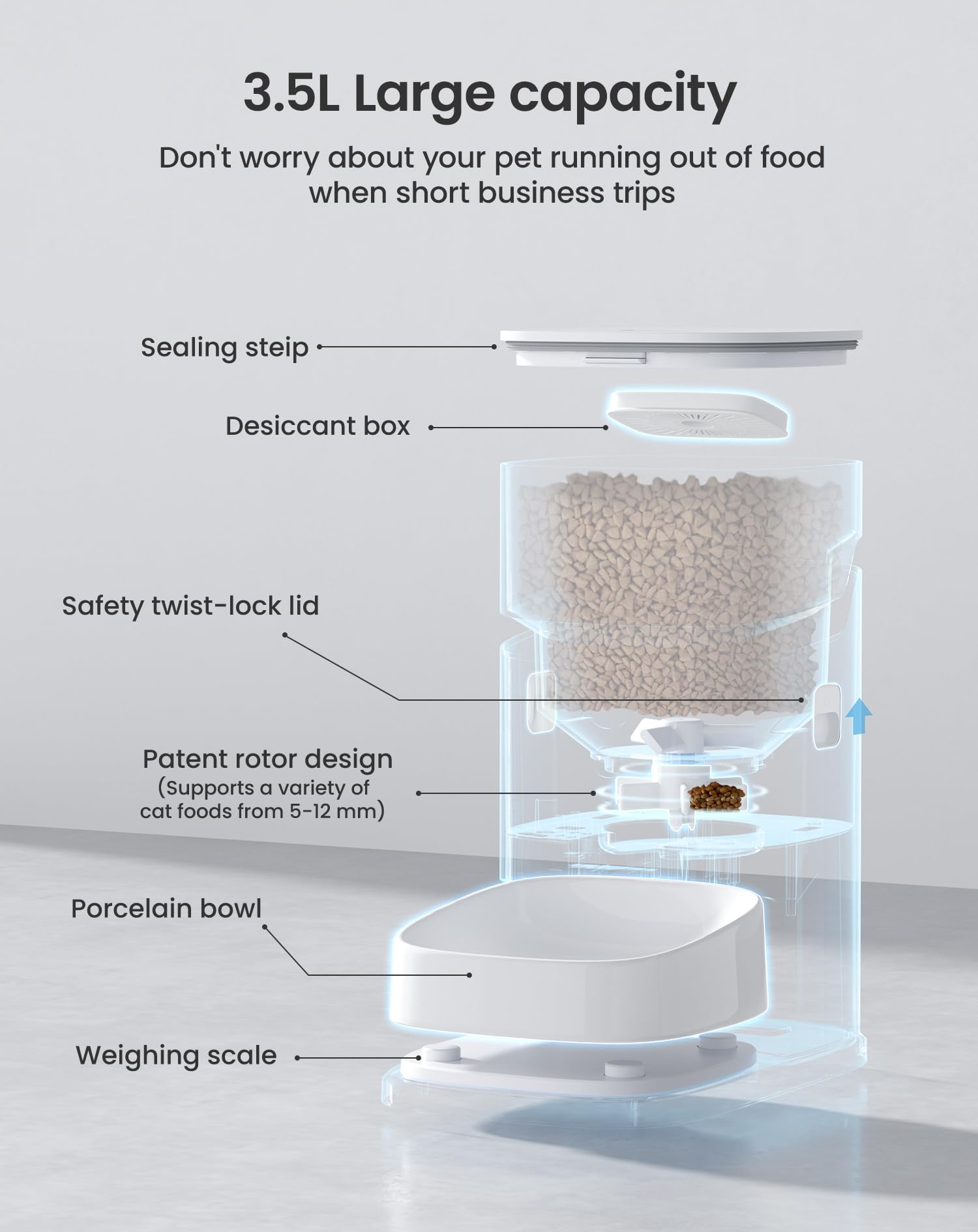 PF2 Smart Automatic Cat Feeder 3.5L WiFi Pet Feeder with Camera & Voice Call App Control Data Monitoring Timed Feeding Freshness Preservation Easy-to-Clean Ceramic Bowl – for Cats & Small Dogs - image 8