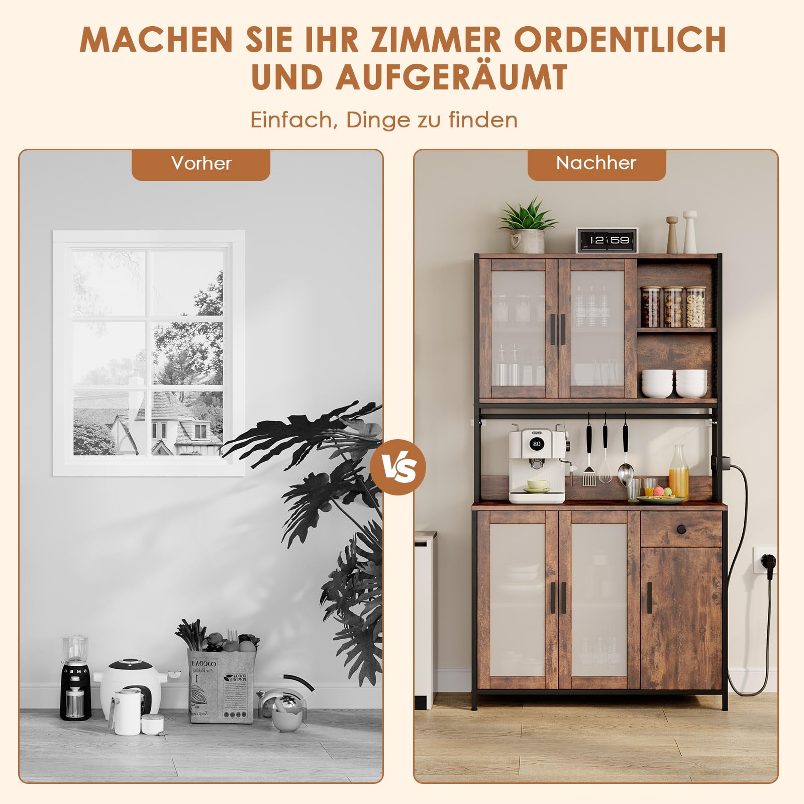 Dripex Küchenschrank 181cm Hoher Buffetschrank mit Arbeitsplatte, mit Steckdosen, Vorratsschrank Küche mit 5 Türen und eine Schublade, Hochschrank Küche für Wohnzimmer Esszimmer Bar, Industrie-Design