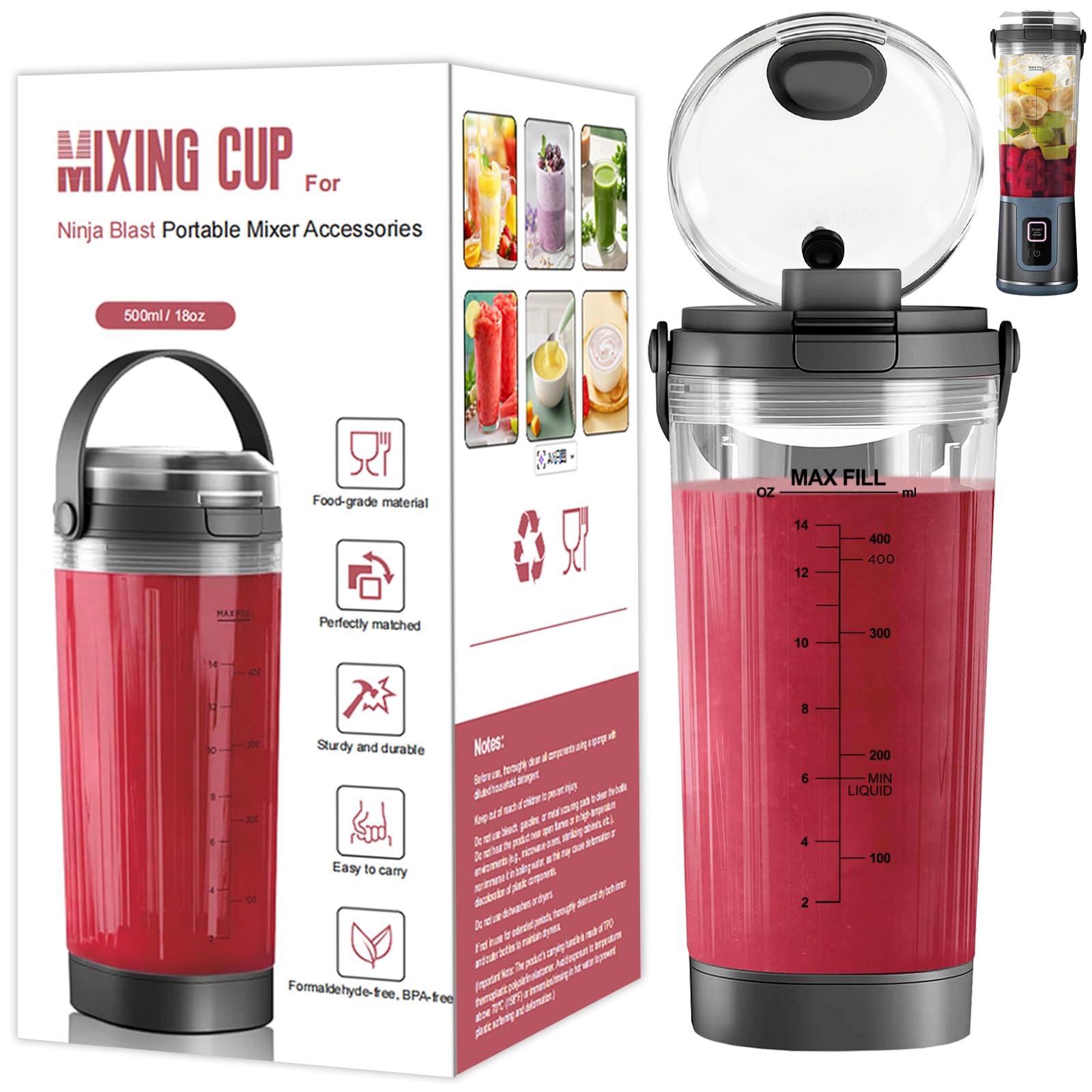 Photo 1 of 18oz Blending Vessel Accessories Compatible with Ninja Blast Portable Blender BC151BK, Upgraded 180° Flip Lid & Leak-Proof Travel Handle, Personal Blender Cup Replacement for Gym, Office and Outdoor