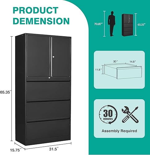 Vista 75 de SISESOL Archivador lateral de 2 cajones con cerradura y estante, gabinete de almacenamiento negro de 71 pulgadas con puertas, armarios