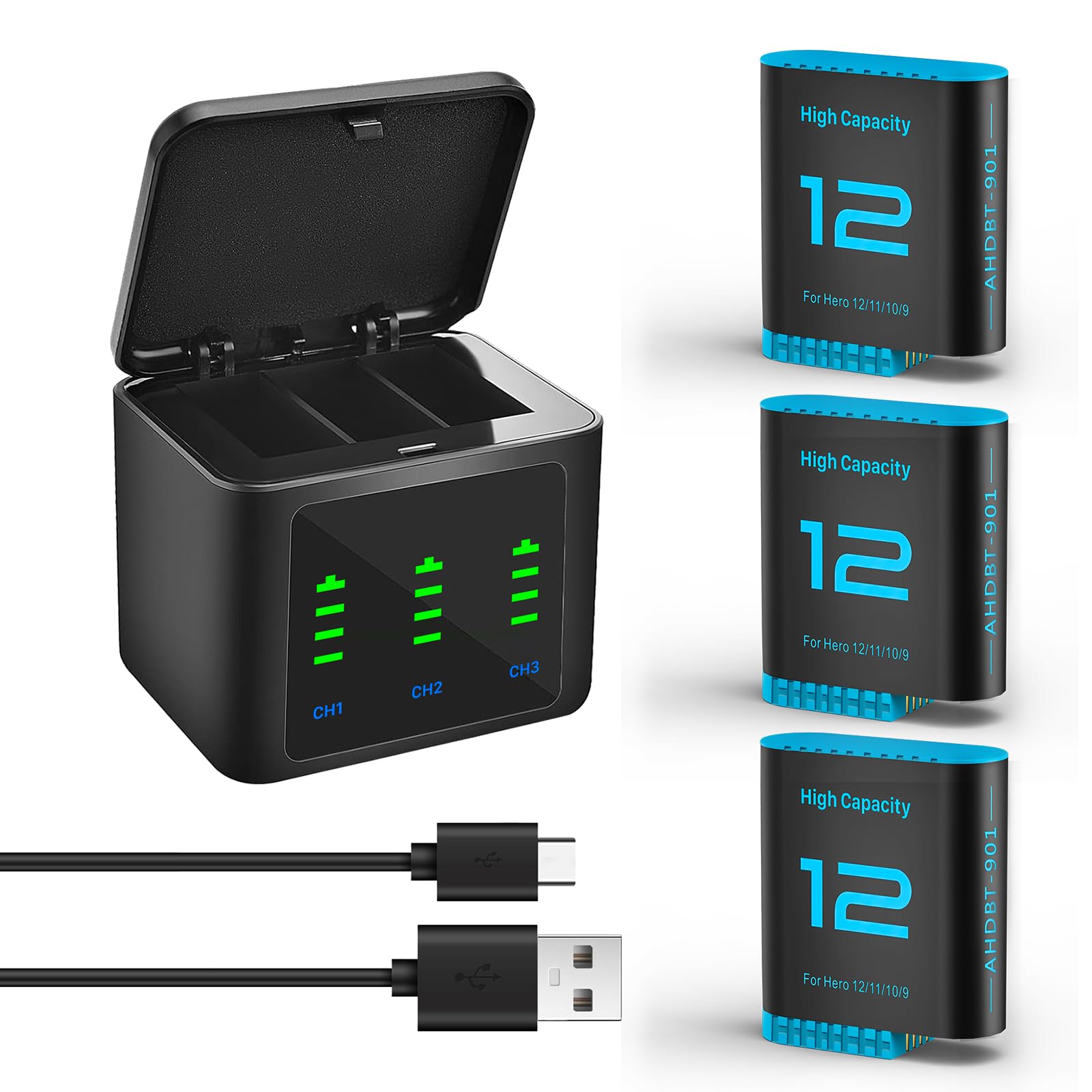 3-Stück Hero12 Akku Ladegerät Kit 2580mAh Ersatzakkus Typ-C LED Dreikanal Ladestation für GoPro Hero 12 11 10 9 Black (Ladegerät +3 Akkus)