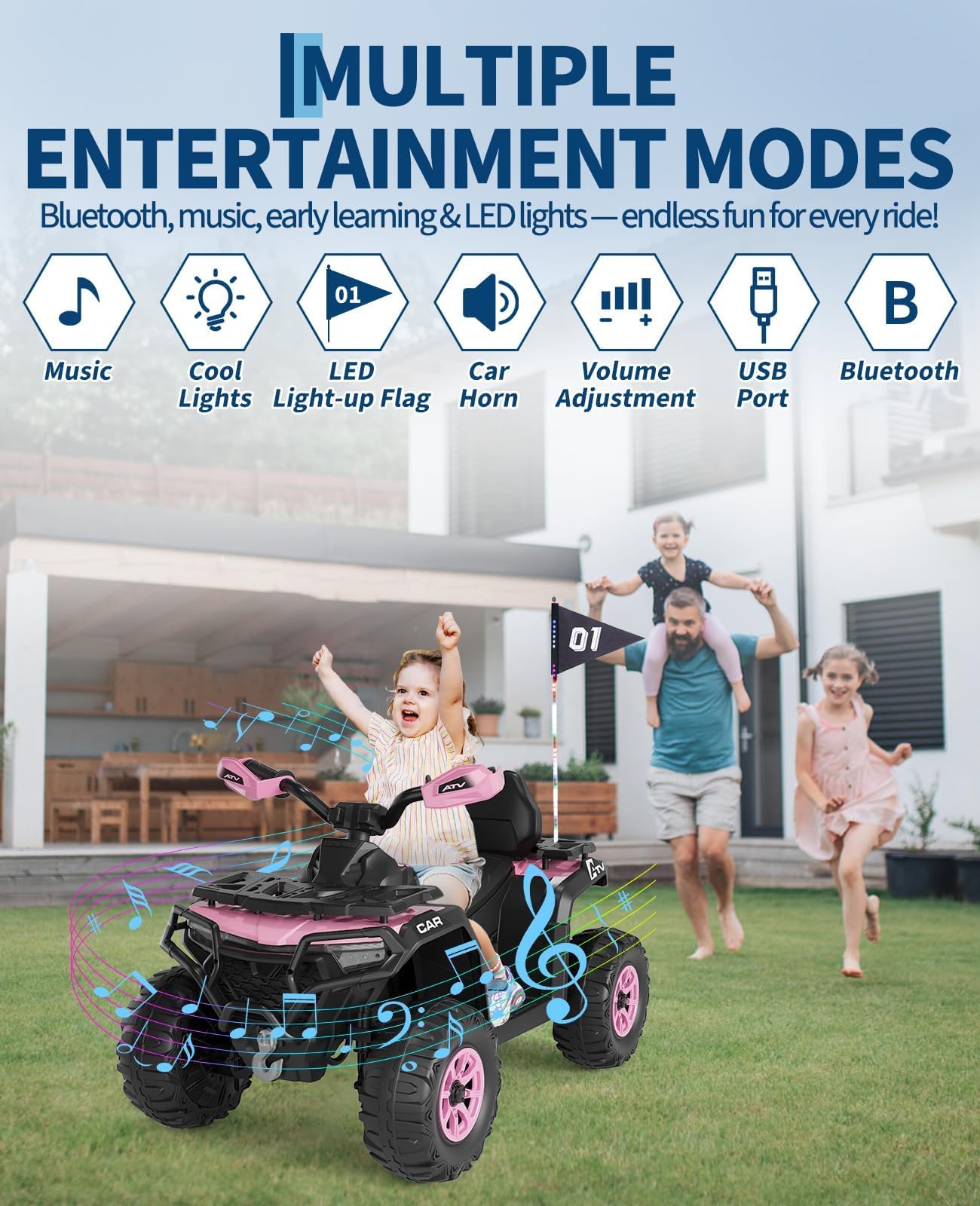 Quad Électrique Enfant 12V avec Musique et Phares, Voiture Électrique à Double Moteur avec USB et Bluetooth, Vitesse 3-5 km/h, Véhicule Tout-Terrain à Batterie pour Enfants 3+ Ans, Rose