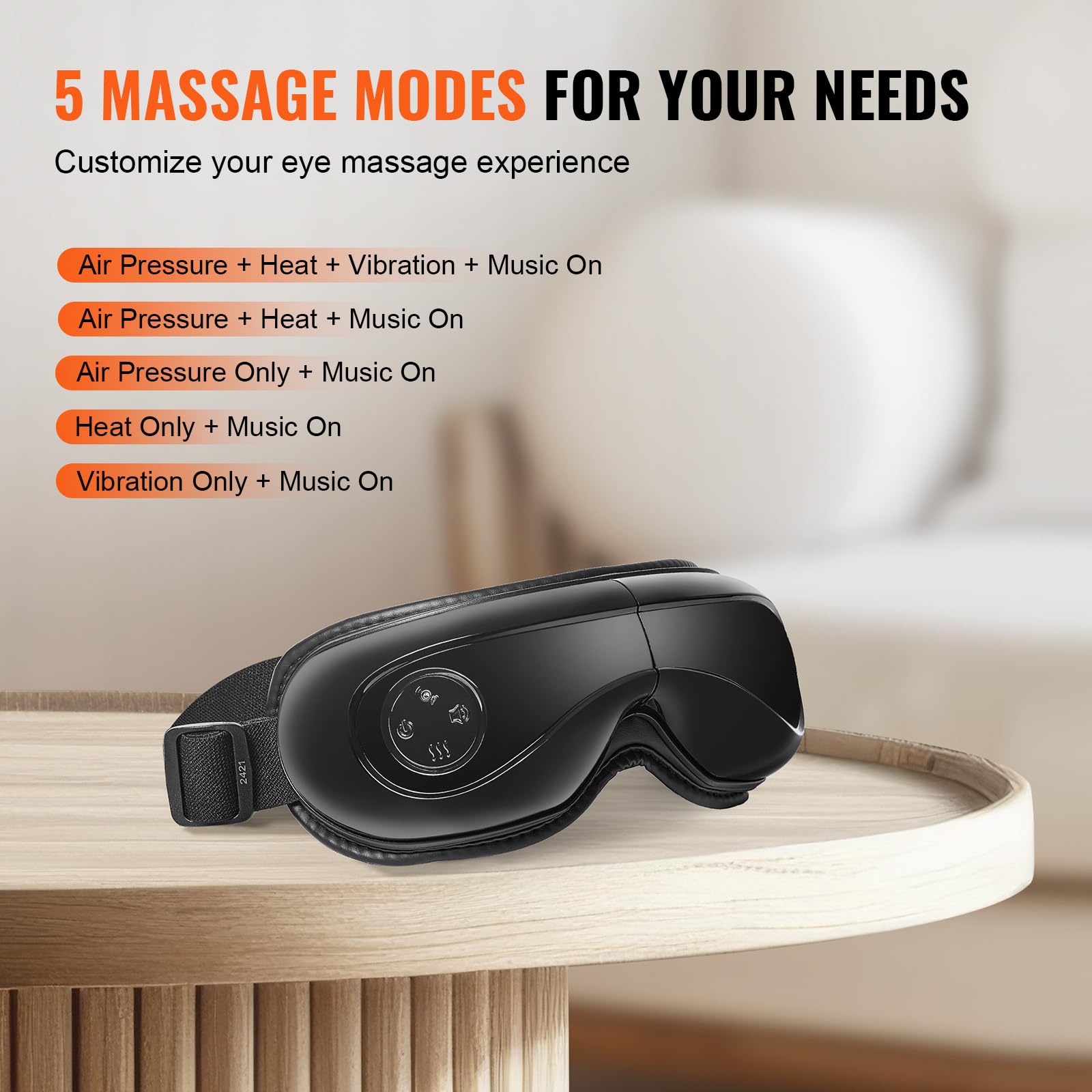 VEVOR Masajeador de Ojos con Calefacción 5 Modos y Música Bluetooth, Masajeador de Ojos Plegable de 180° para Fatiga Visual, Ojos Secos, Ojeras, Regalo Ideal para Mamá/Papá, Negro, 208 x 40 x 99 mm