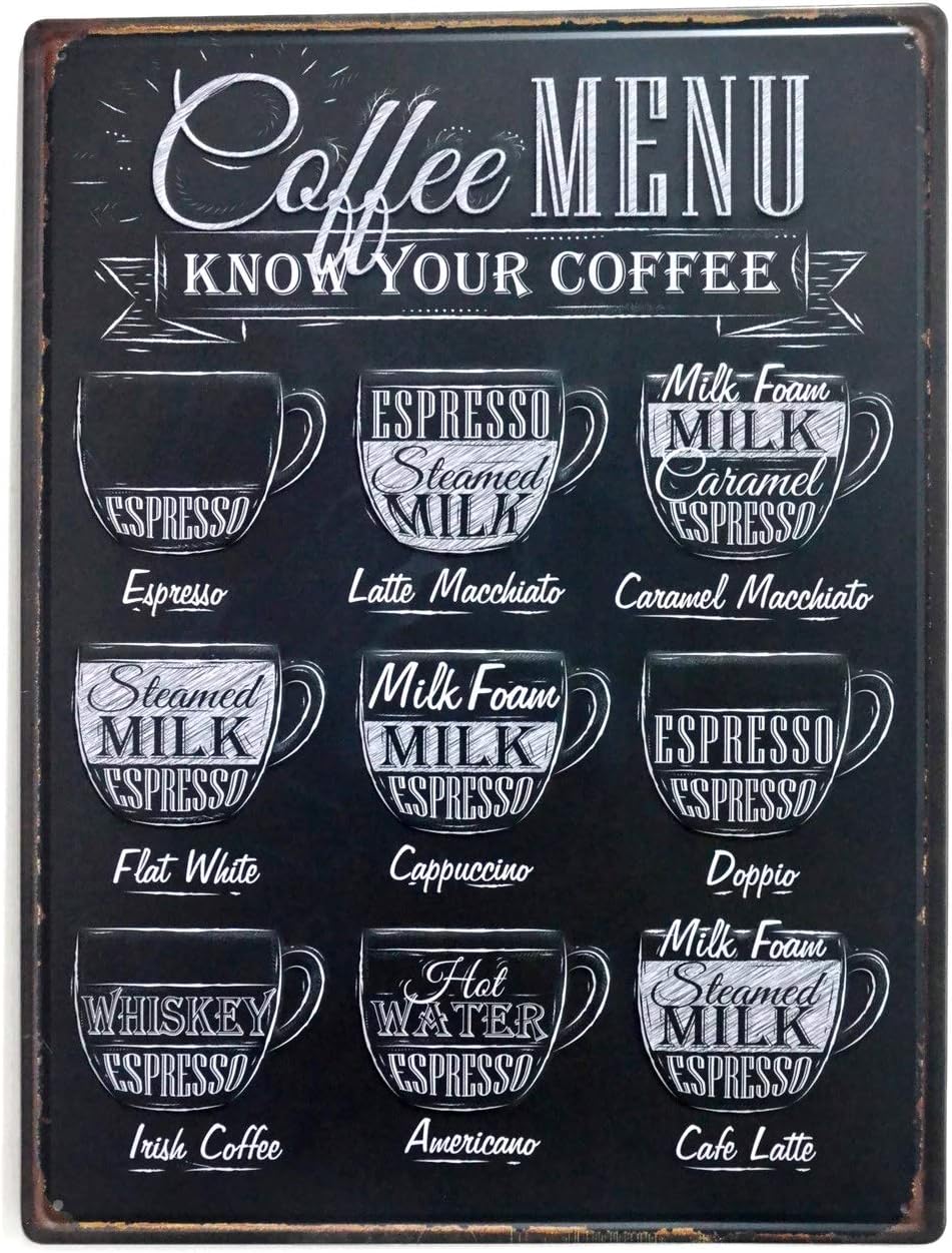 NaCraftTH Tin Sign Coffee Menu Metal Iron Retro Vintage Wall Art Hanging Cafe Bar Wall Decorative Sign Poster, 12 x 8