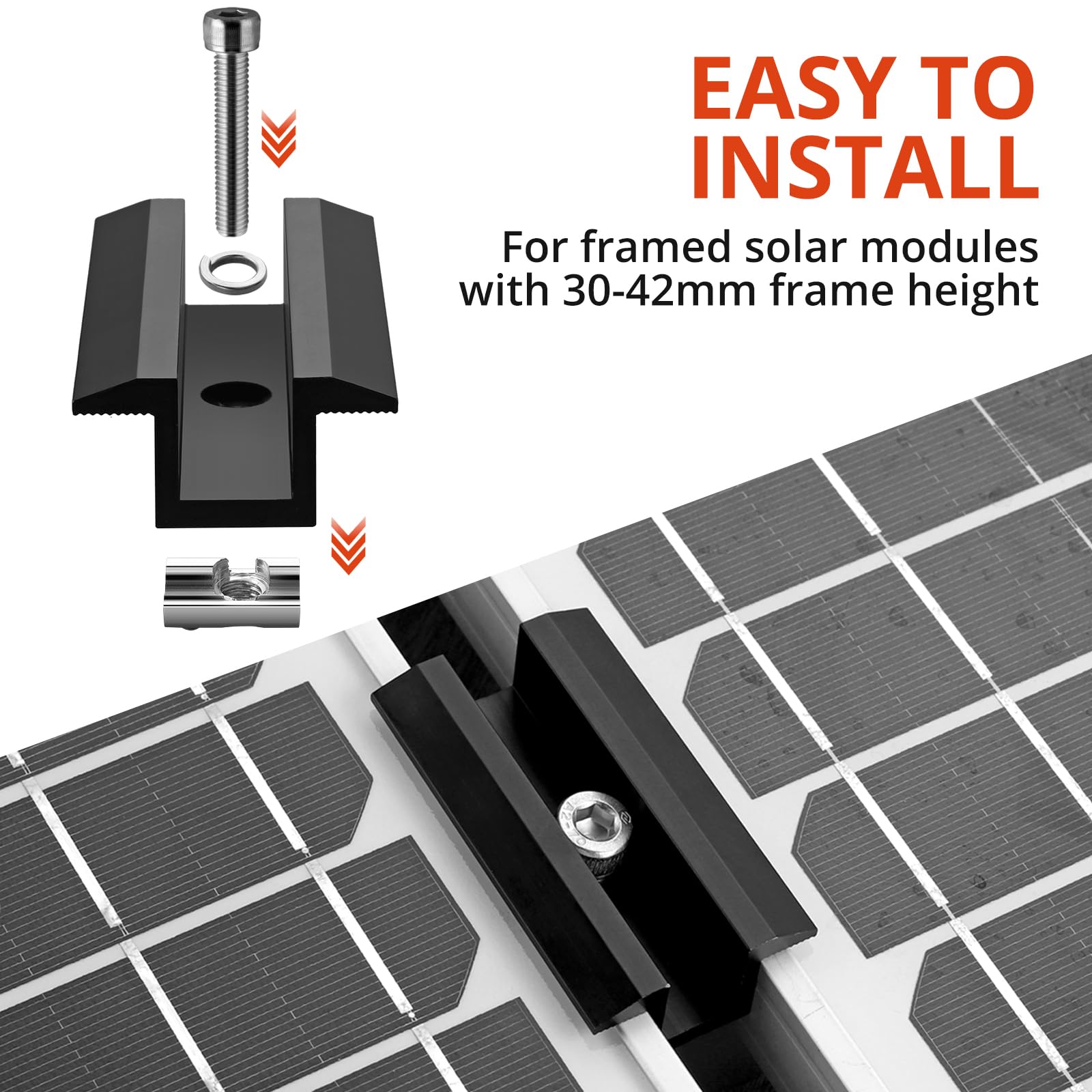 GETLITOOL PV Montageschiene Zubehör, 10PCS Aluminium Mittelklemme Photovoltaik Solarpanelen für Modulhöhe 30-42 mm, Solarmodule Halterung Klemmen zur Montage von 40x40 Solarprofil Aluminiumprofilen