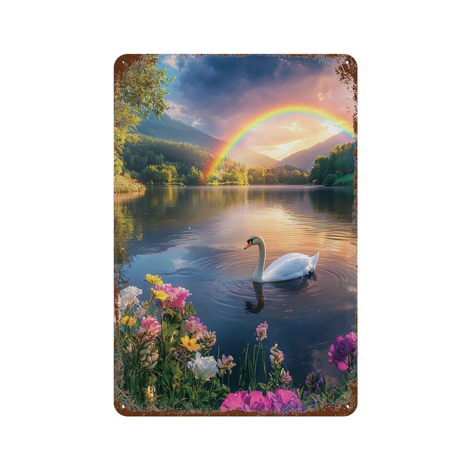 Rainbow Lake with Swan Vintage Rust Metal Sign 11.8"x7.9", Ideal for Bistro, Counter And Cafe Decor
