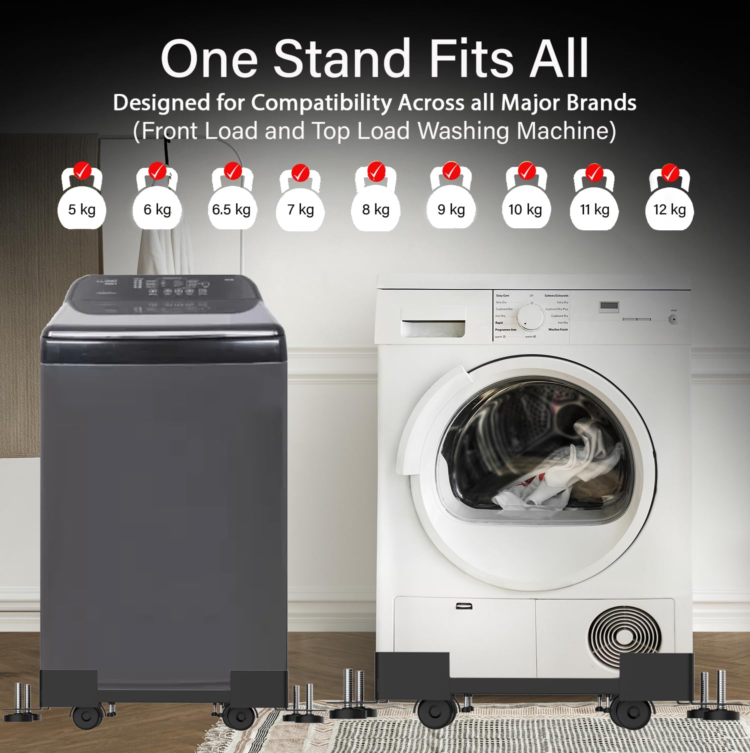Zureni Adjustable Front/Top Load Washing Machine Stand (5 to 15 KG) Heavy Duty Metal 230KG Capacity Single/Double Door Fridge Refrigerator & Air Cooler Trolley with Nylon Wheels & Anti Vibration Pad 3