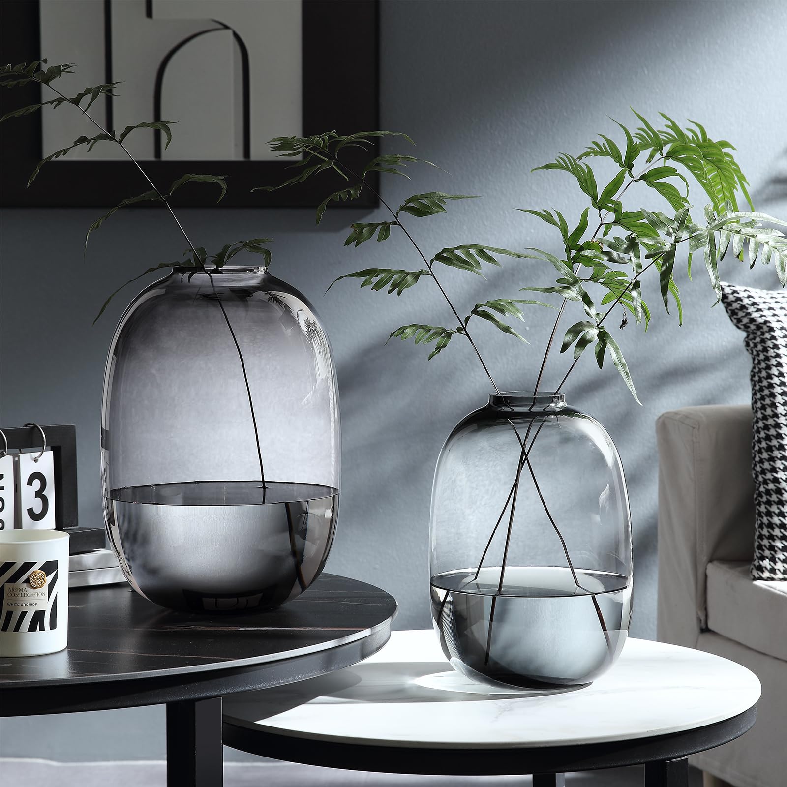 Jarrón de cristal, grandes jarrones ovalados grises, jarrón de vidrio soplado a mano de 10 pulgadas para decoración del hogar, centro de mesa moderno, regalo único (gris, grande)