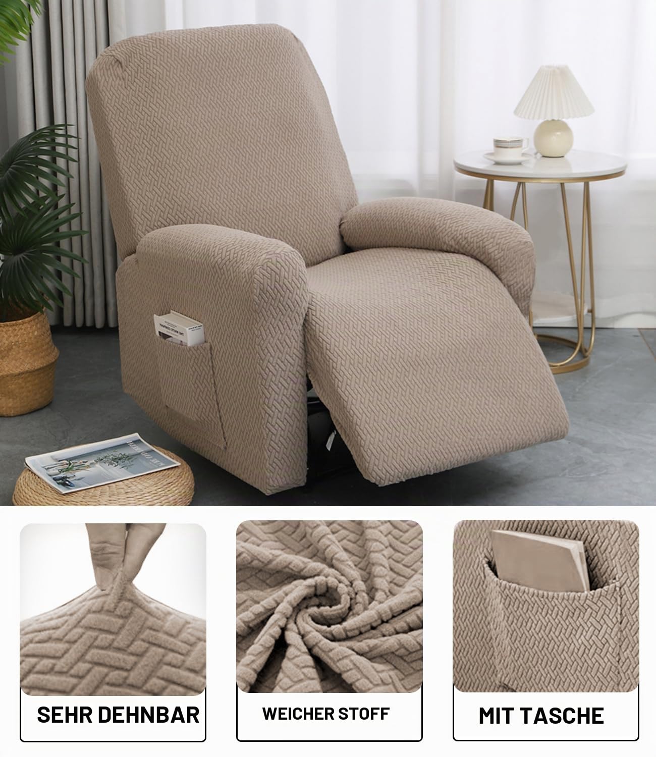 sesselschoner für Relaxsessel 1 Sitzer, 4-Teilig Jacquard Khaki Sesselschoner für Fernsehsessel und Relaxsessel mit Taschen, Stretch Sesselbezug mit armlehne
