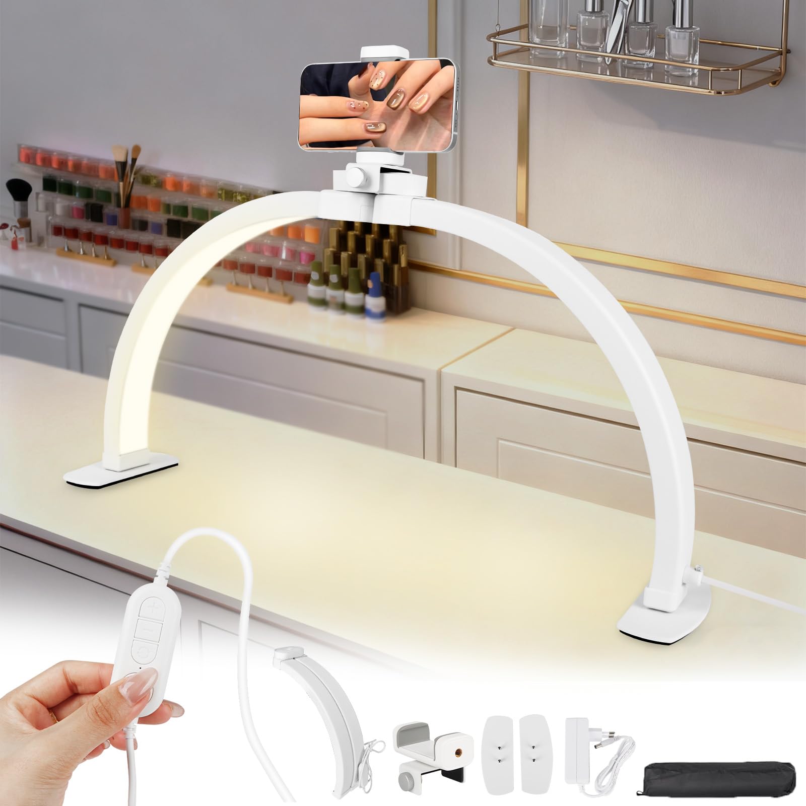 LPQKCcY Half Moon Light for Nail Desk, 22" Foldable Nail Table Lamp with Phone Stand, 3 Color Modes and 10 Brightness Adjustable, Arch Light for Manicure Art, Eyelash Extensions, Beauty, Tattoo
